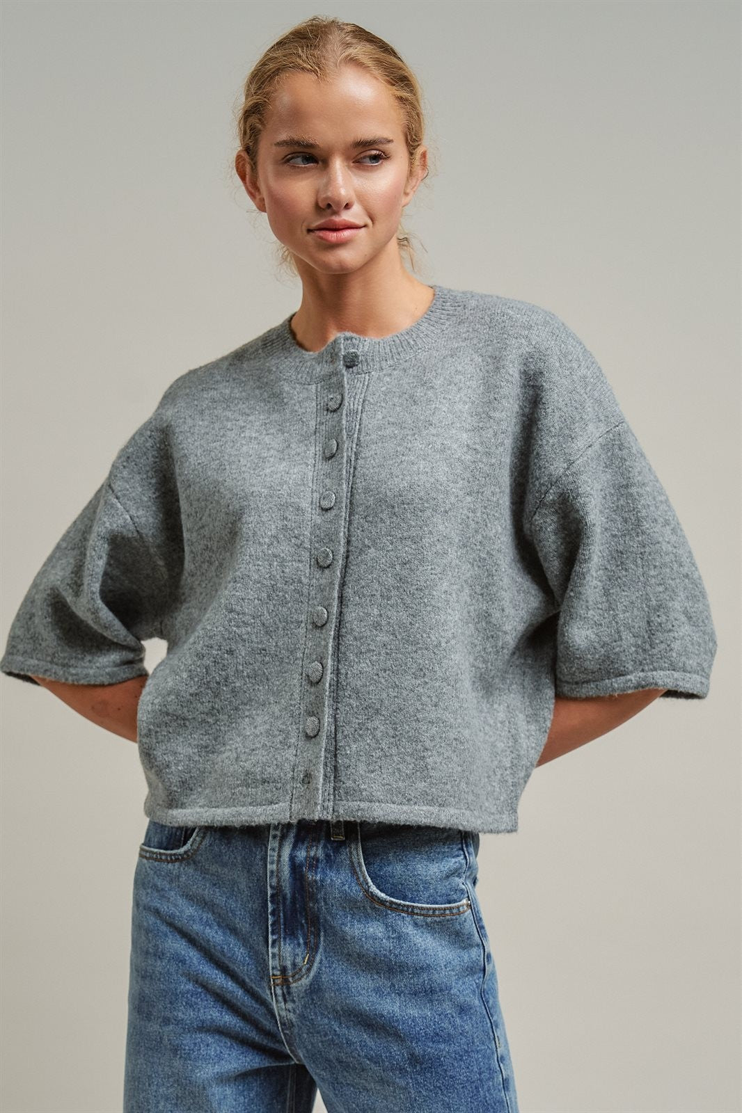 Cropped Knit Button-Front Cardigan Dropped Shoulder