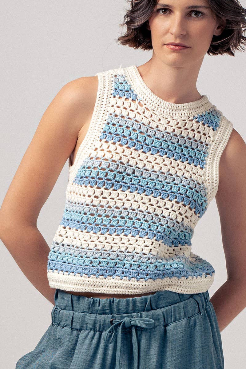 Urban Daizy Striped Crochet Tank Top with Contrast Trim Detail Blue-Multi Tank Top - Women's (UDZ-TP-00260) – alternate…