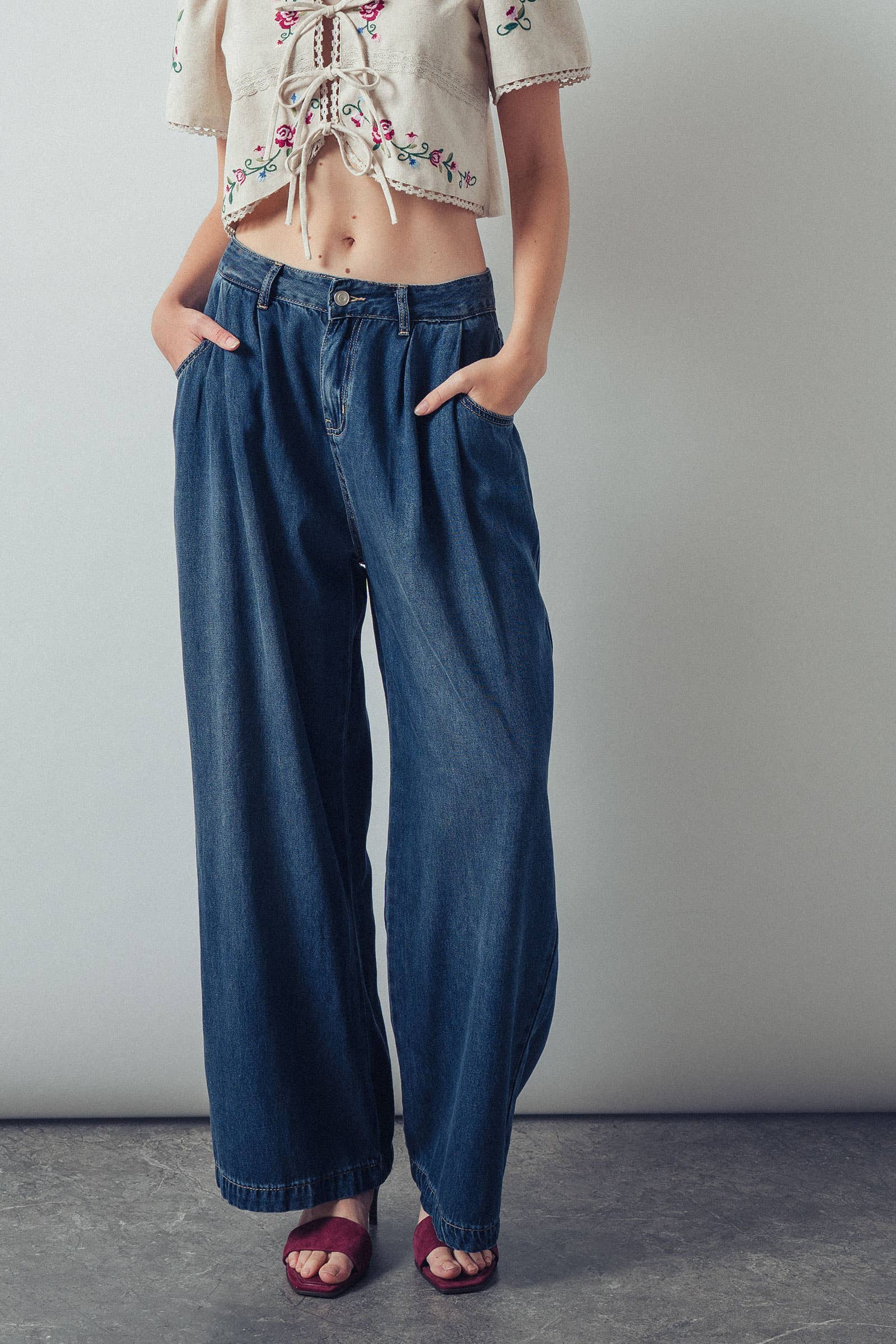 Pleated Wide-Leg Denim Pants