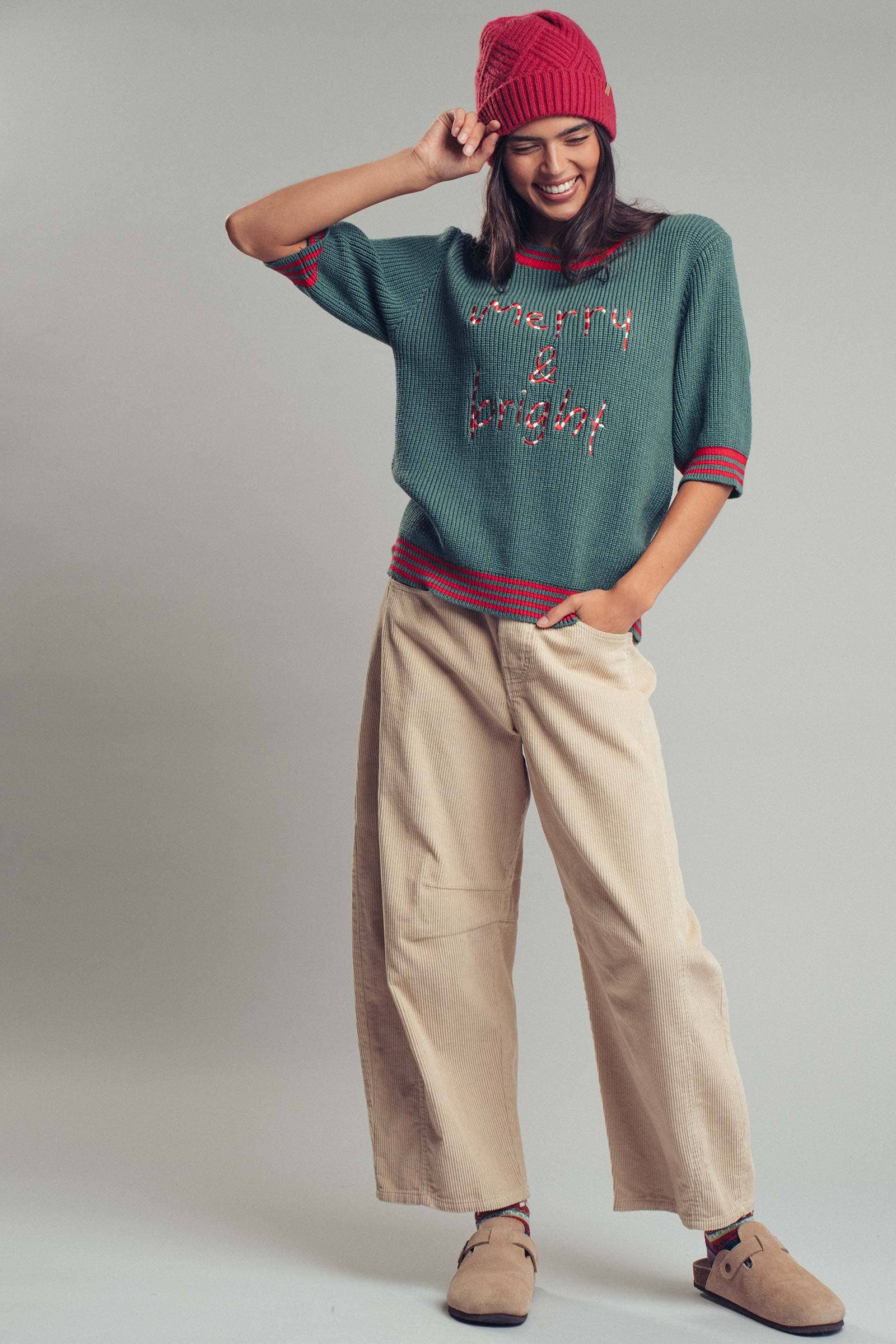 "Merry & Bright" Graphic Sweater with Striped Trim