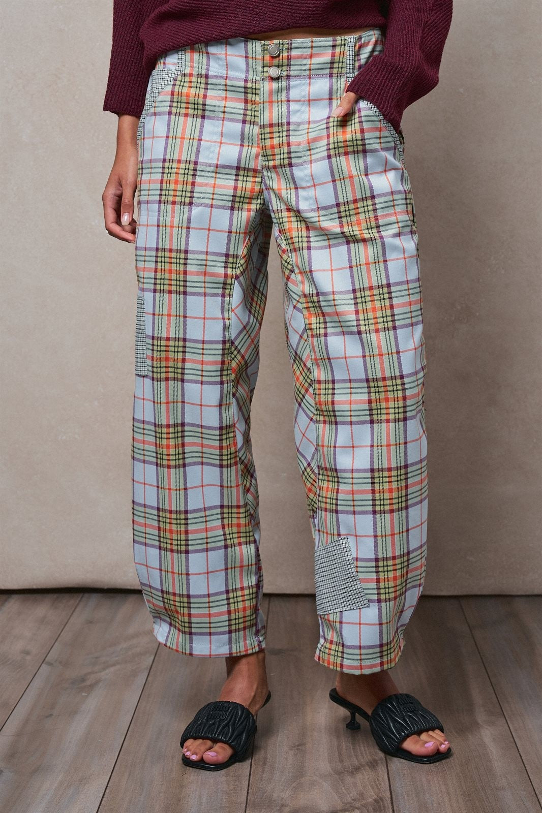 Plaid Barrel Pants Patchwork Western Boho Wide Trousers in GREY - Women's Casual Pants | Urban Daizy