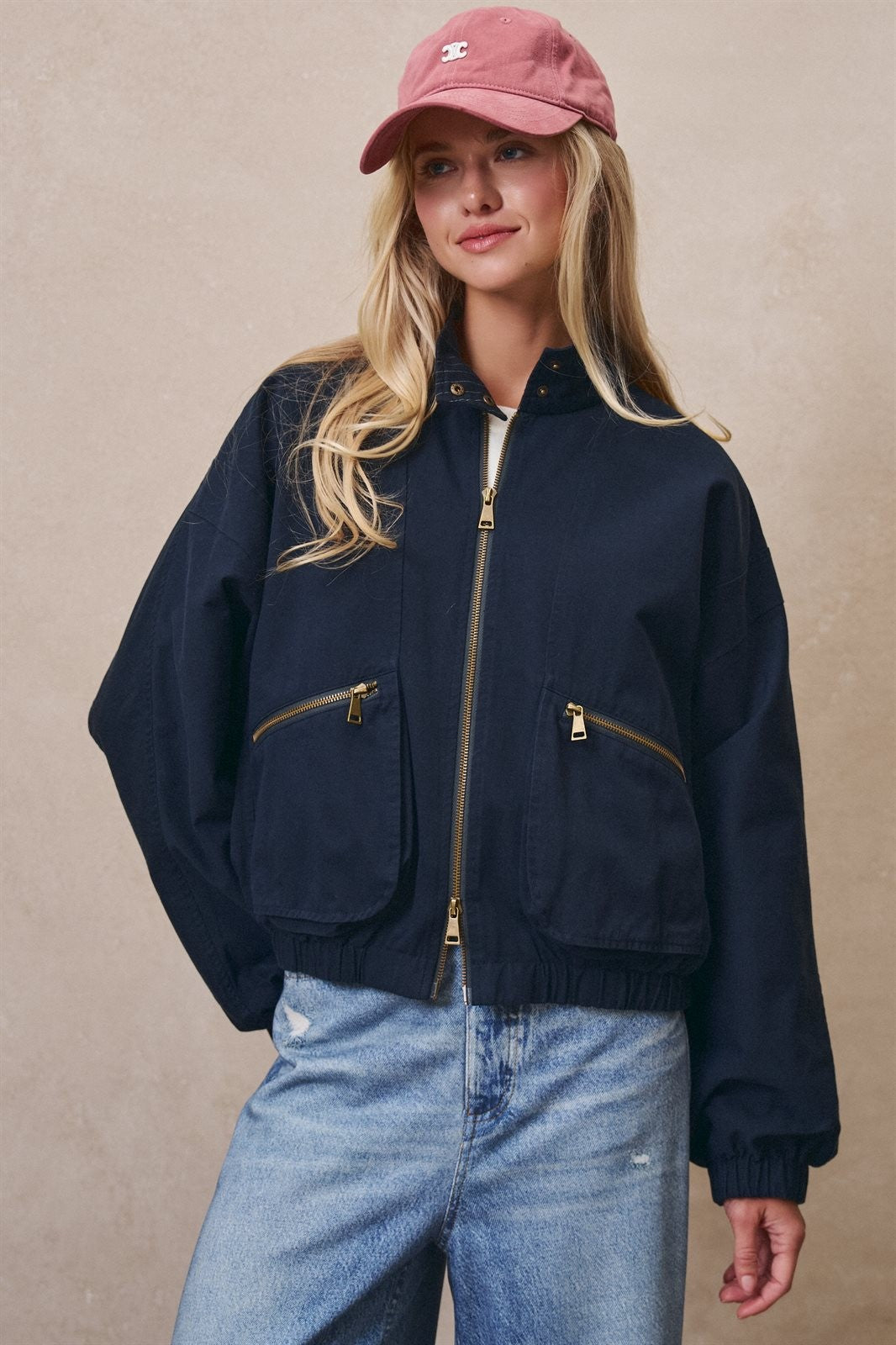 Cropped Zip Bomber Jacket in NAVY - Women's Jackets & Blazers | Urban Daizy