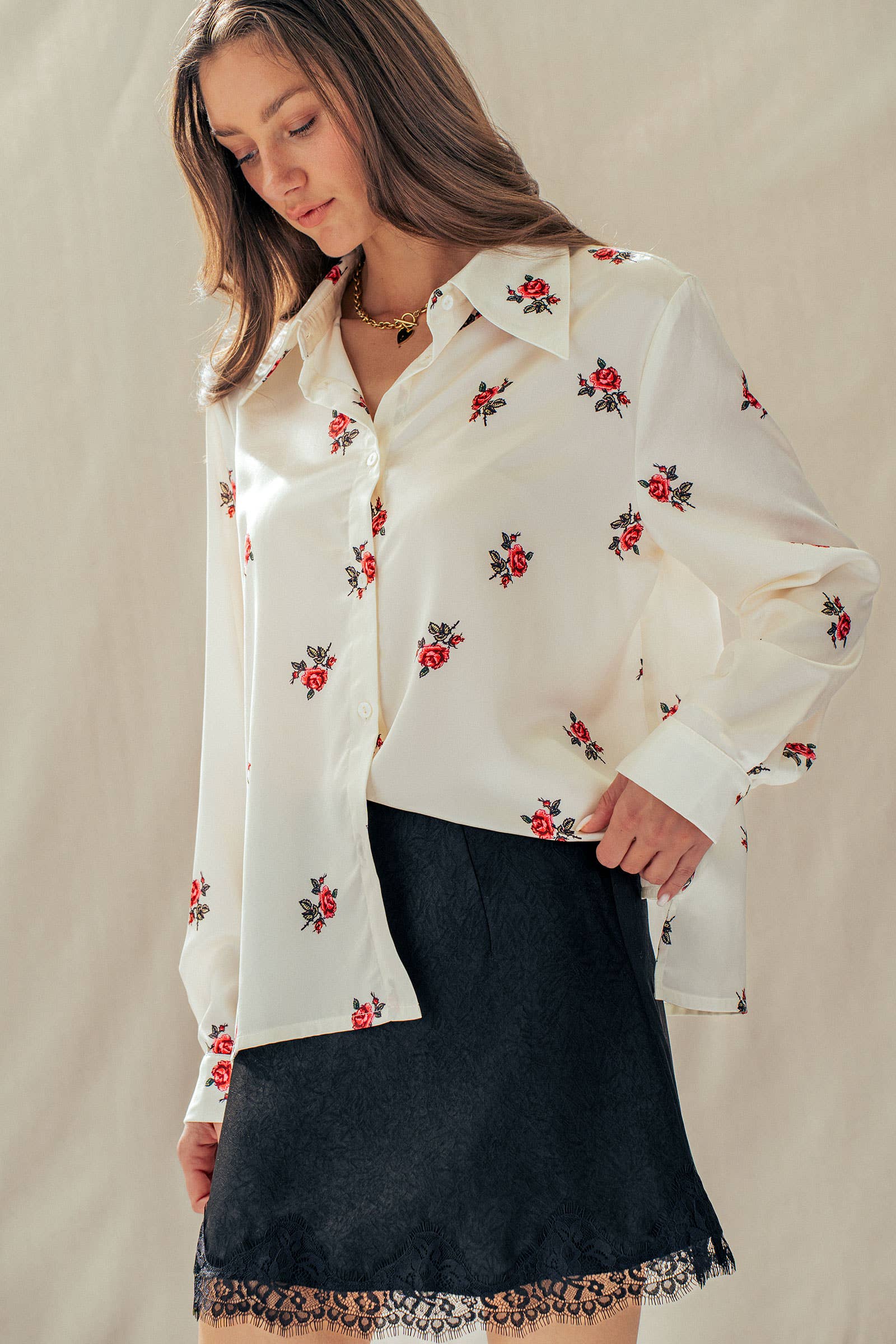 Rose Print Satin Button-Up Blouse