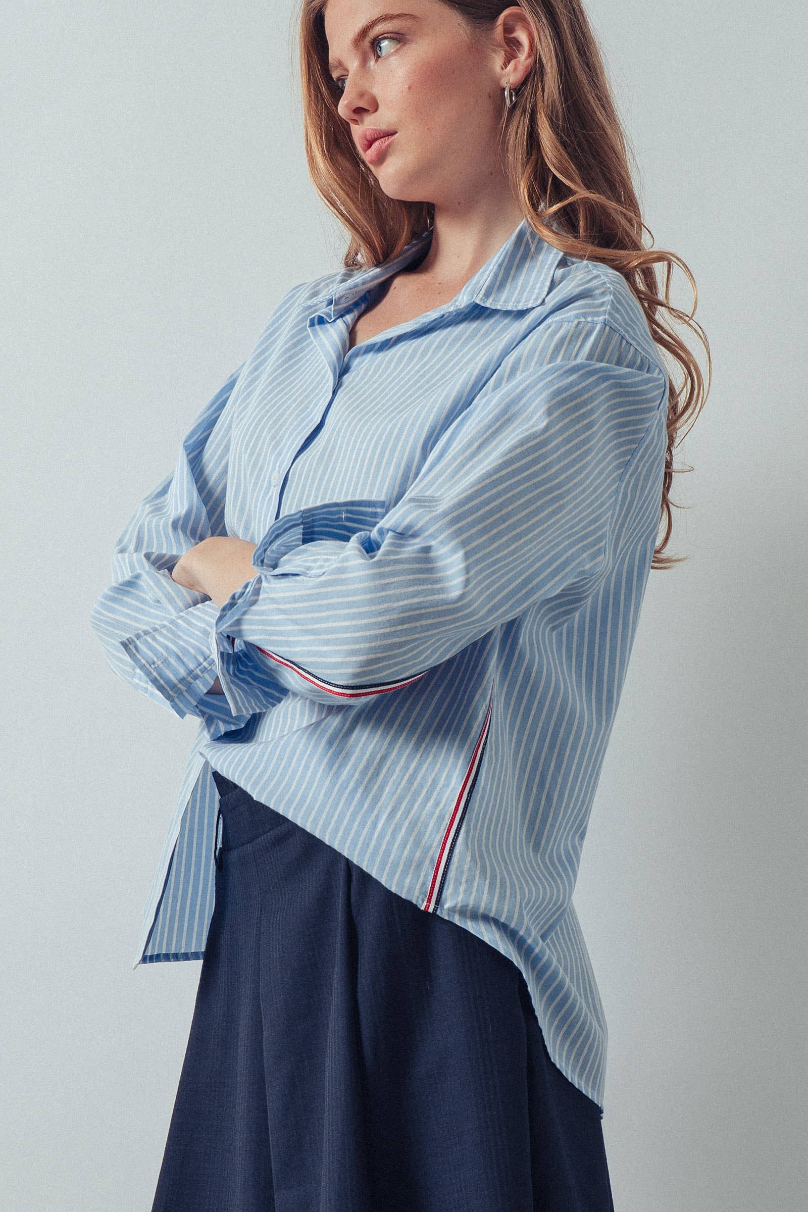 Striped Twill Tape Detail Statement Button Shirt