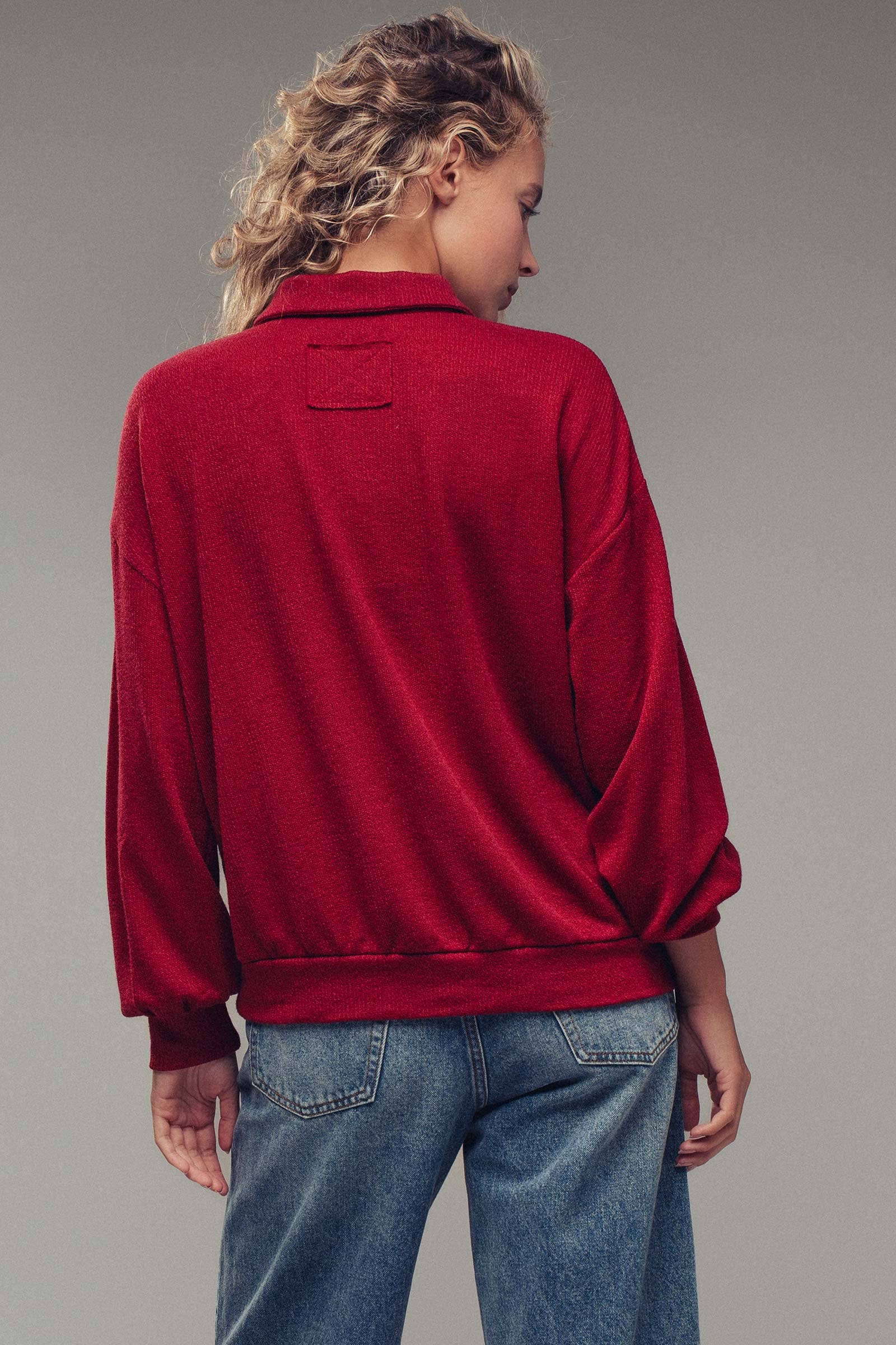 Urban Daizy Waffle Knit Collared Snap Placket Pullover Deep-Red Sweatshirt - Women's (UDZ-KN-00656) – alternate view 8