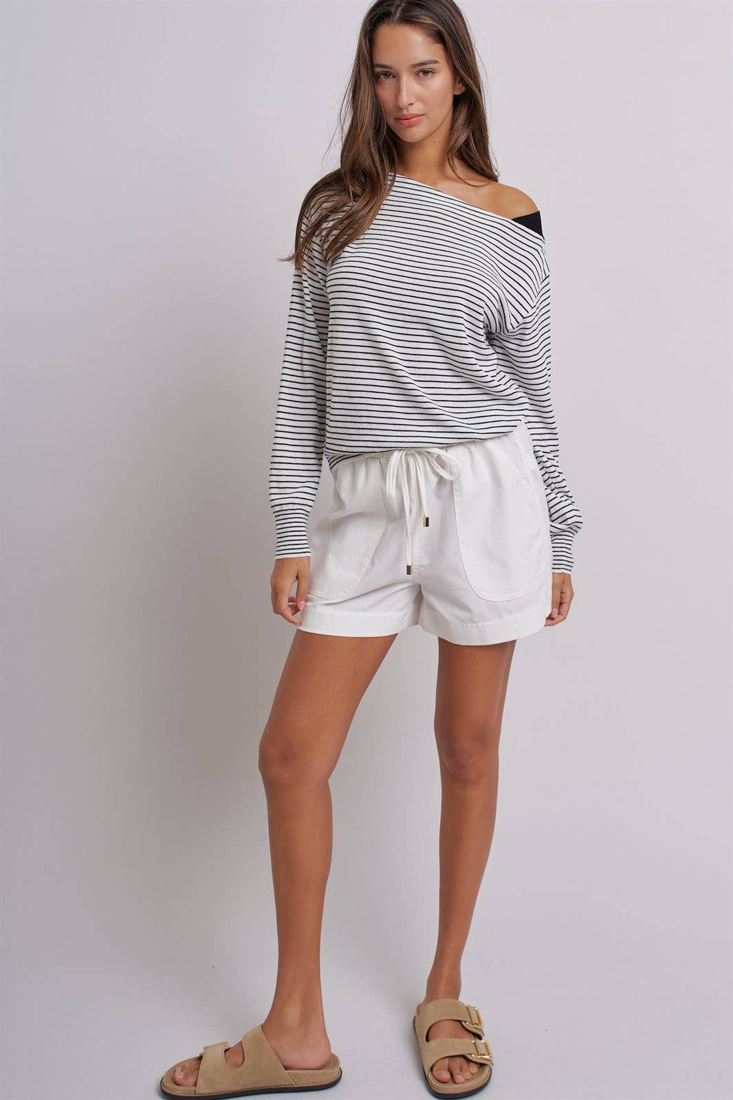 Urban Daizy Asymmetrical Striped One-Shoulder Top Ivory-Black Knit Top - Women's (UDZ-TP-01085-Ivory-Black) – alternate view 11