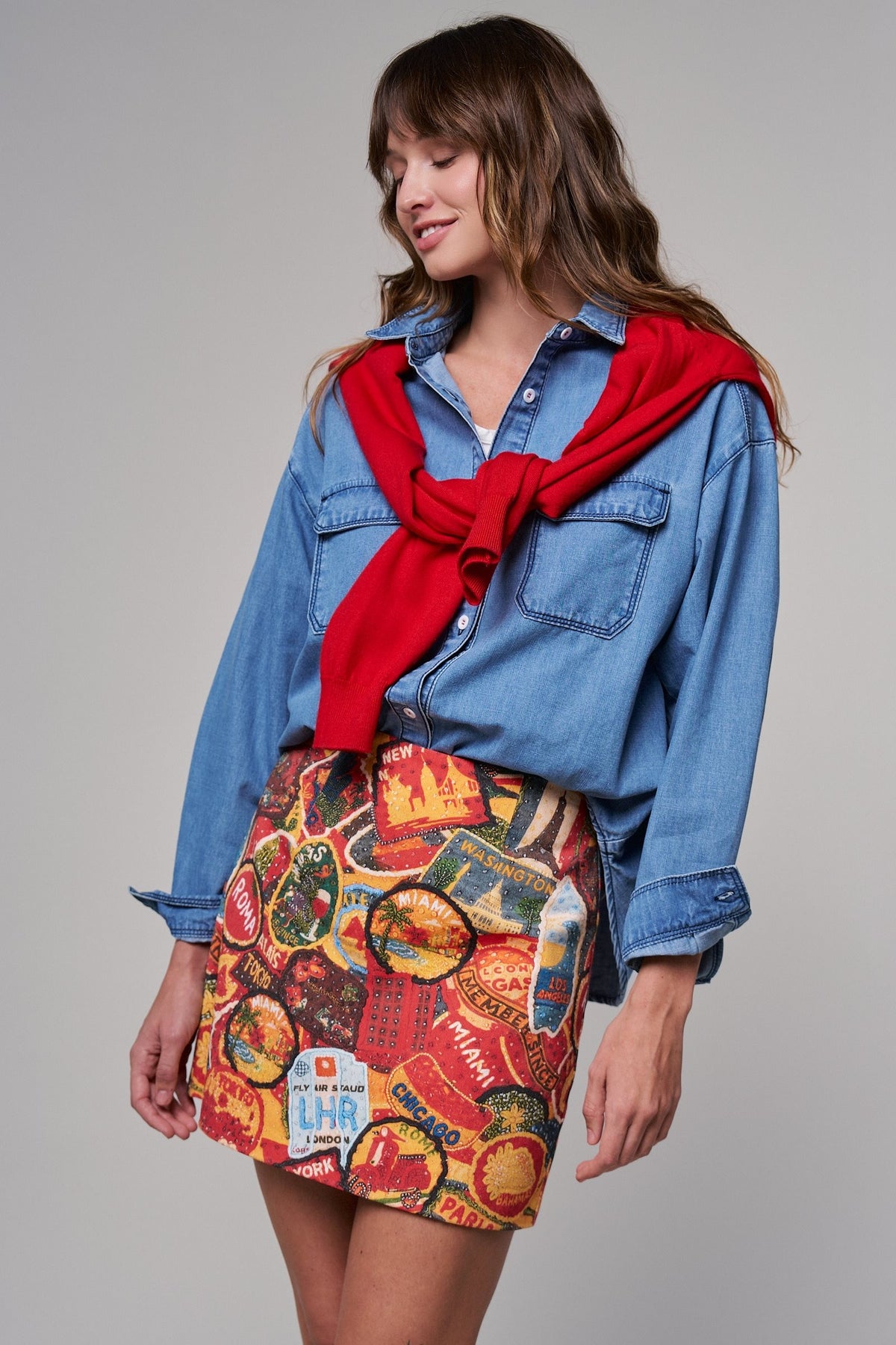 Travel Patch Print Mini Skirt in Italian Summer Vacation in MULTI - Women's Mini Skirts | Urban Daizy