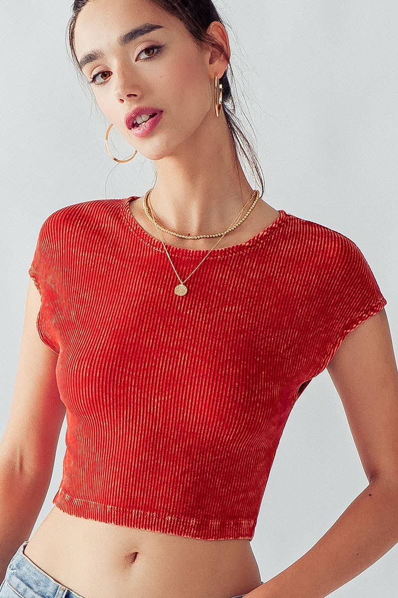 Urban Daizy Ribbed Knit Crop Short Sleeve Fitted Casual Spring Top Blue Knit Top - Women's (UDZ-TP-00081) – alternate view 3
