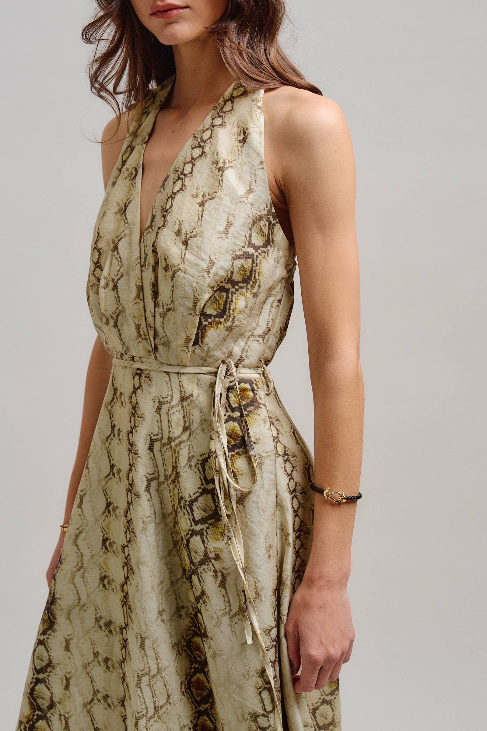 Snake Print Tencel Linen Halter Maxi Dress
