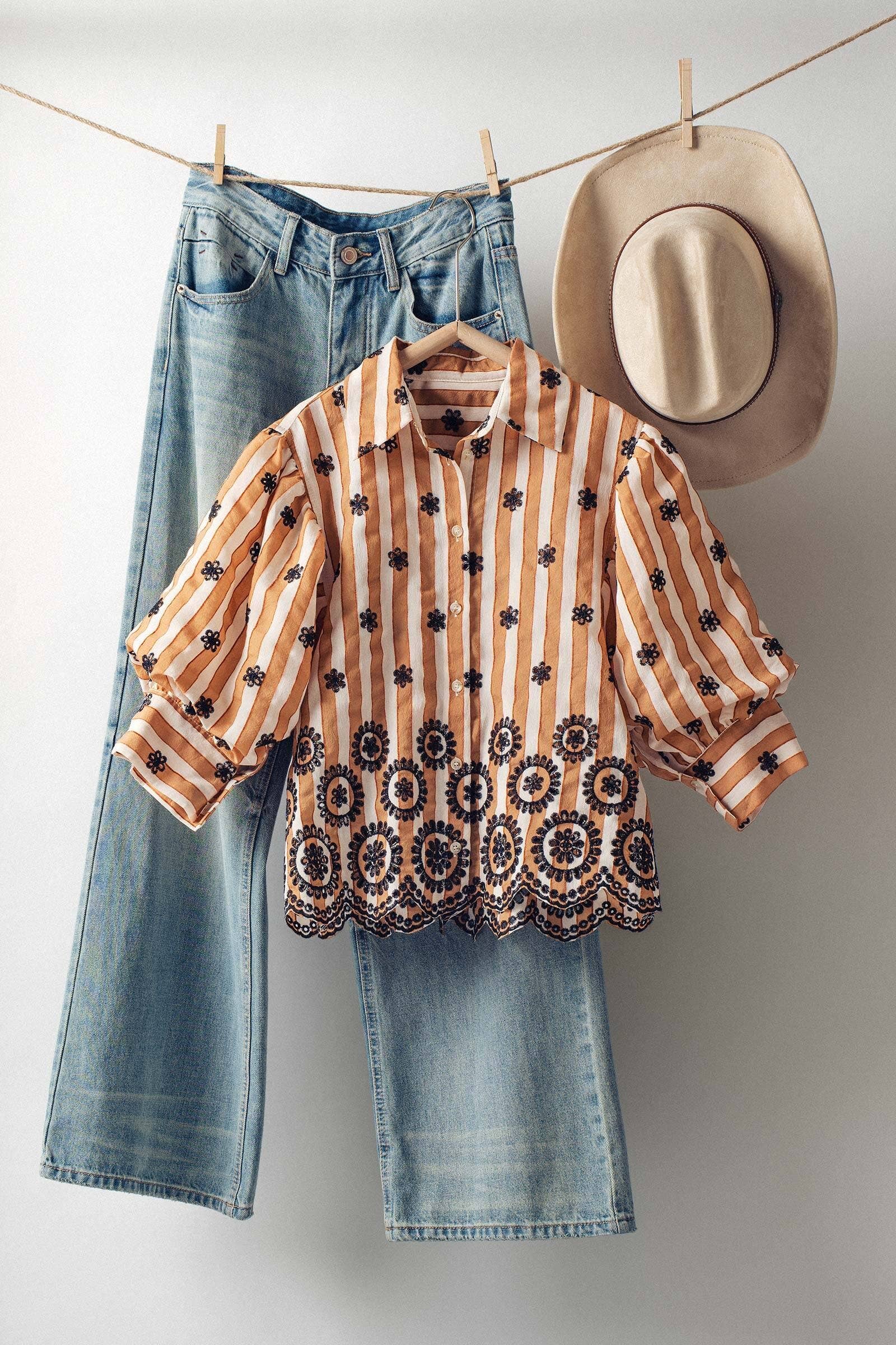 Urban Daizy Striped Floral Embroidered Scallop Blouse Olive Button Down Shirt - Women's (UDZ-TP-00953) – alternate view 3