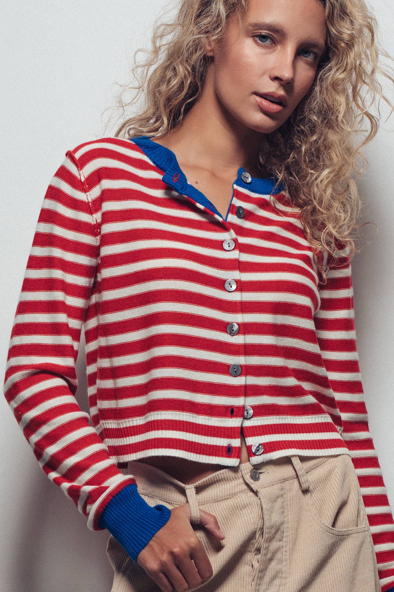 Striped Knit Cropped Button-Up Cardigan