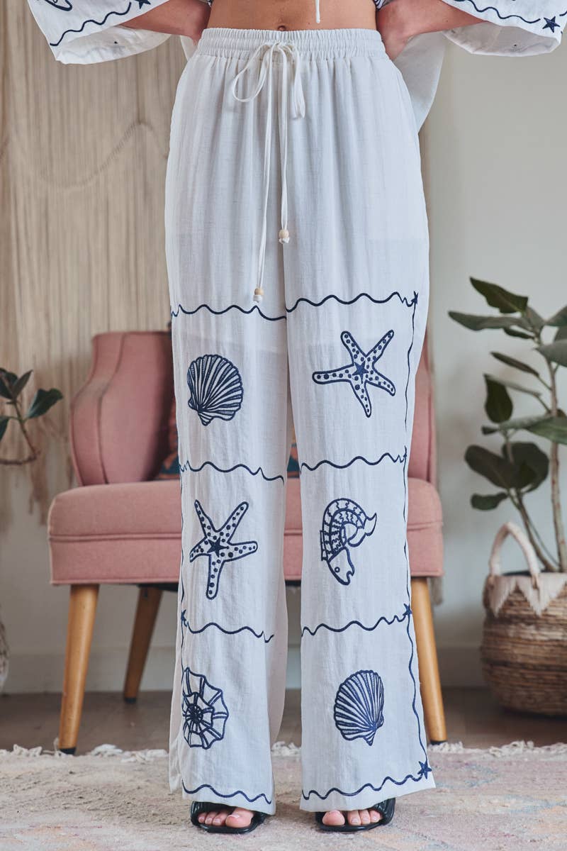 Seashell Embroidered Linen Blend Wide Leg Pants