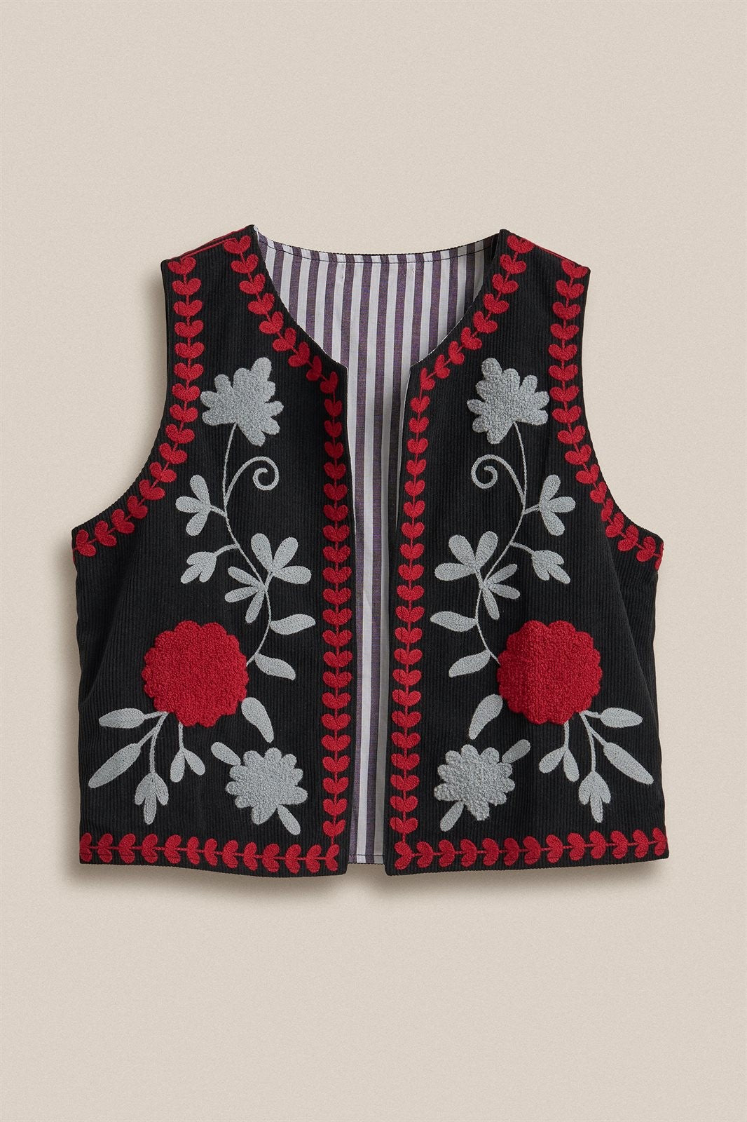 Floral Embroidered Corduroy Vest with Heart Vine Trim in BLACK - Women's Vests | Urban Daizy