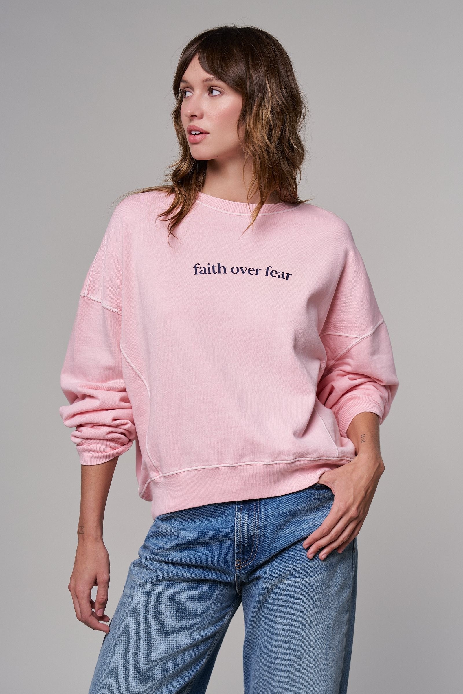 Oversized Graphic Sweatshirt Pigment Wash Cotton Crewneck in PINK CLAY - Women's Sweatshirts & Hoodies | Urban Daizy
