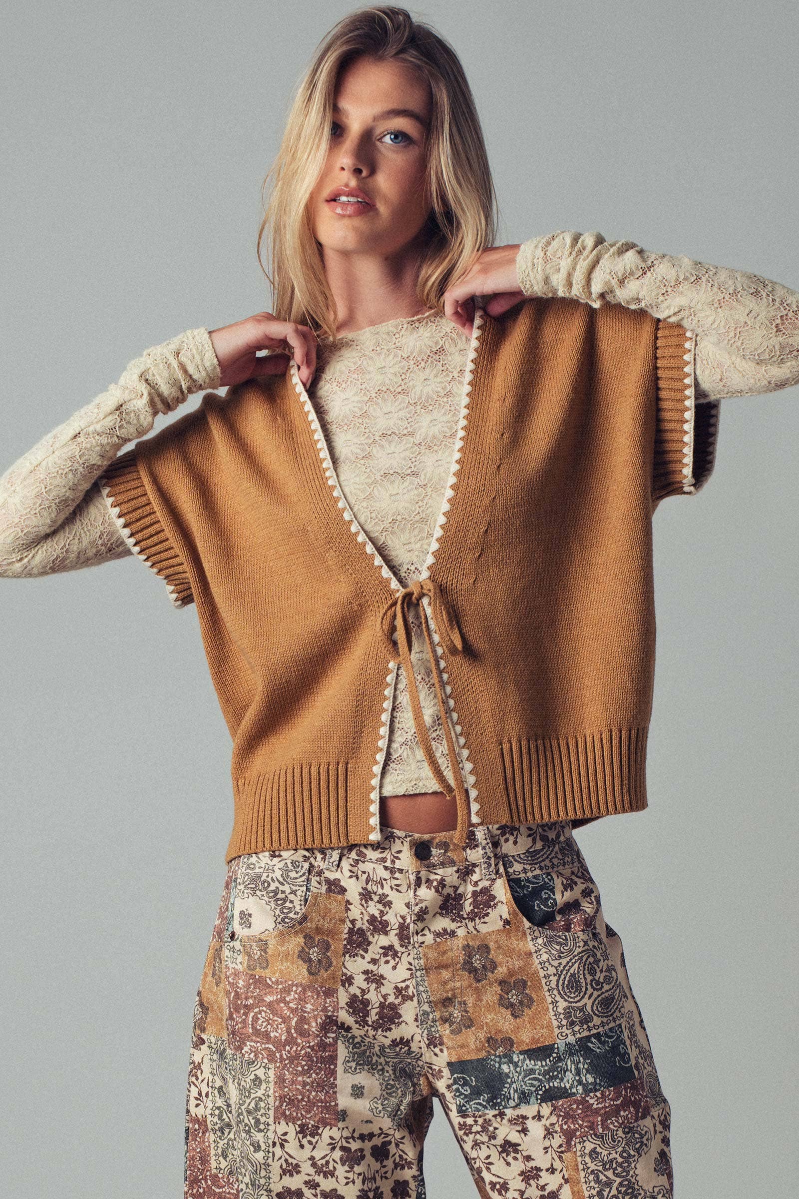 Crochet Trim Tie Front Knit Vest