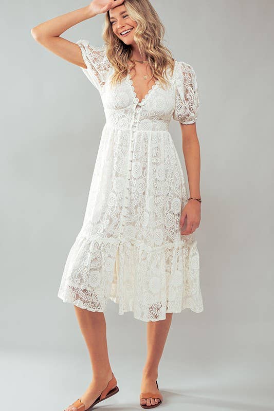 Scalloped Lace Button Front Midi Dress