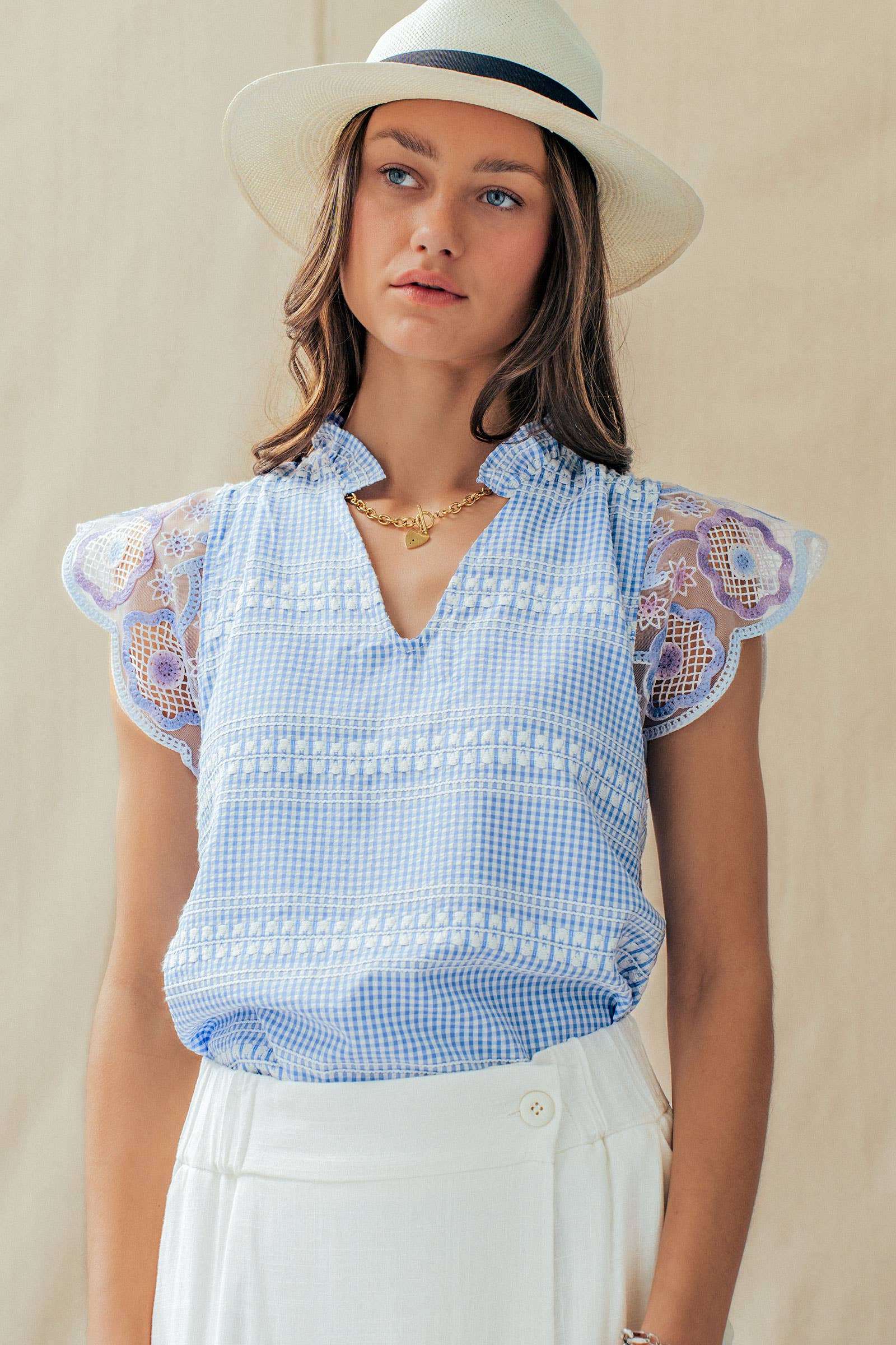 Gingham Lace Flutter Sleeve Cotton Top