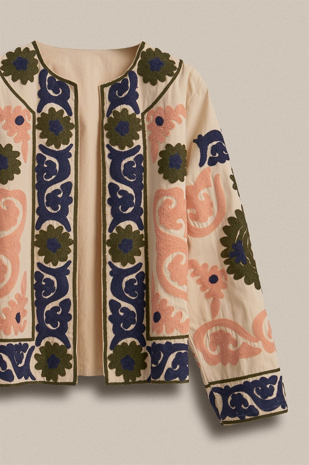 Suzani Embroidered Cotton Jacket with Floral Scroll in CREAM - Women's Jackets & Blazers | Urban Daizy