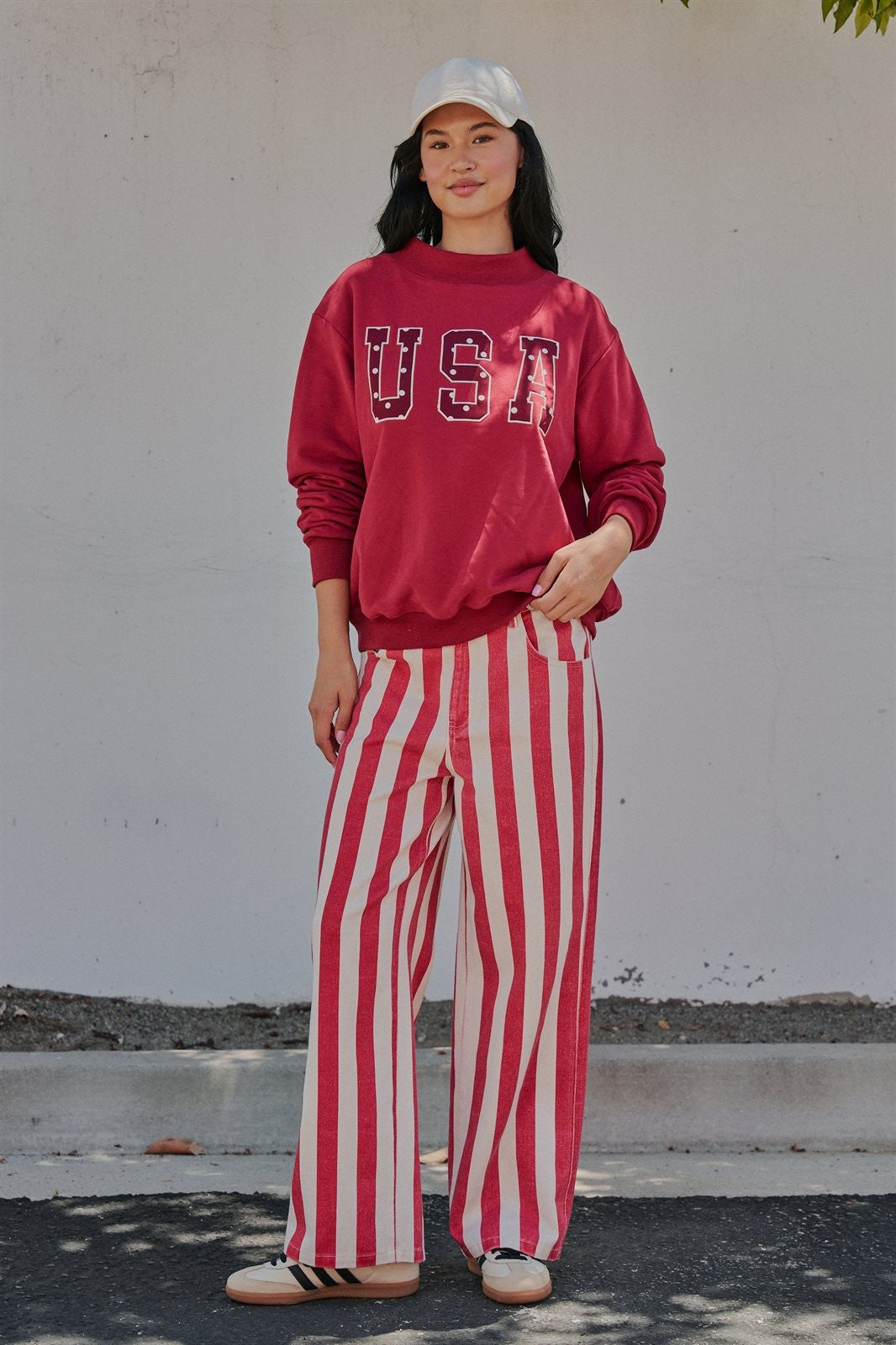 USA Polka Dot Varsity Letter Mock Neck Sweatshirt in BURGUNDY - Women's Sweatshirts & Hoodies | Urban Daizy