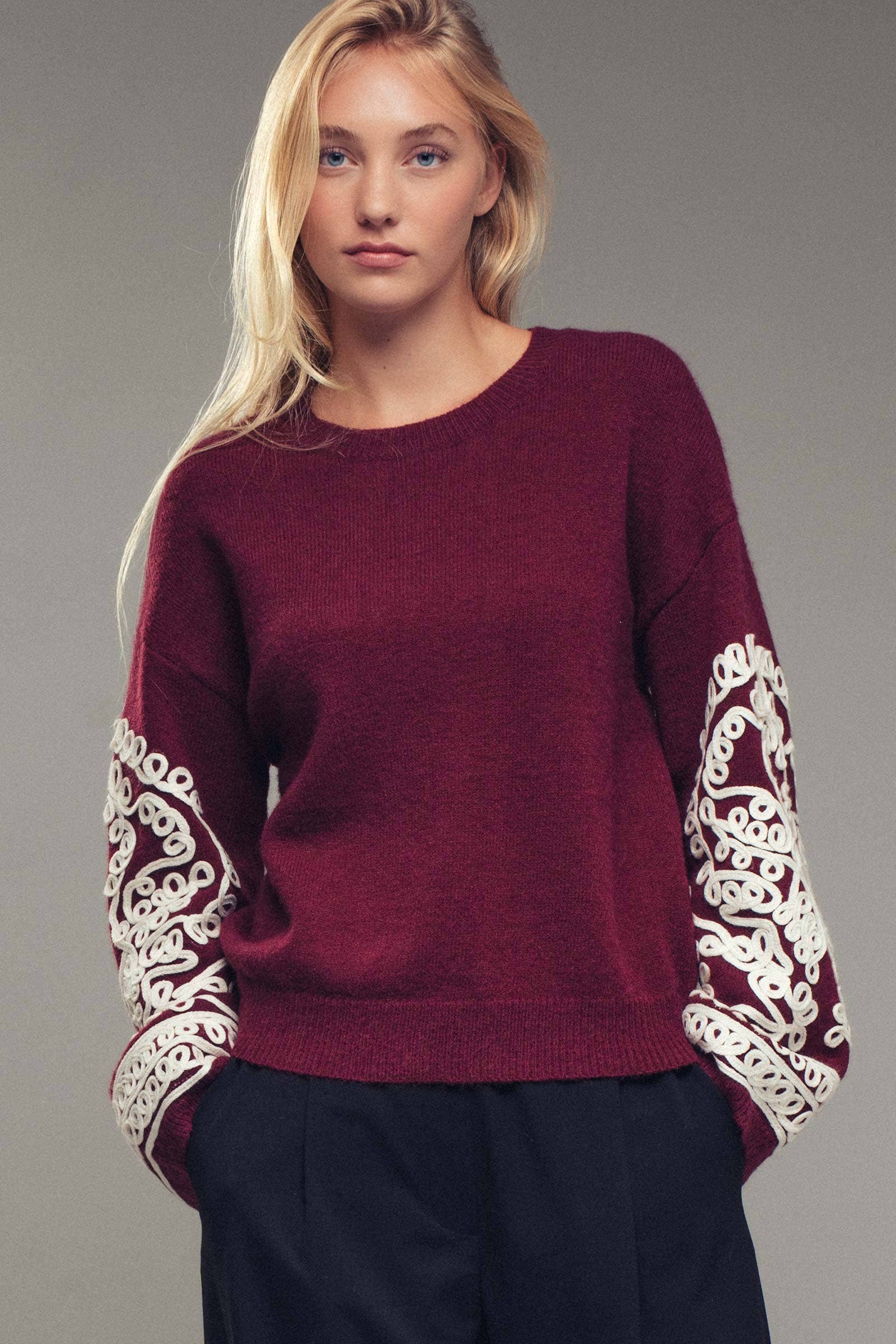 Urban Daizy Embroidered Sleeve Ivory Knit Sweater Ivory-Black Knit Sweater - Women's (UDZ-KN-00654) – alternate view 3