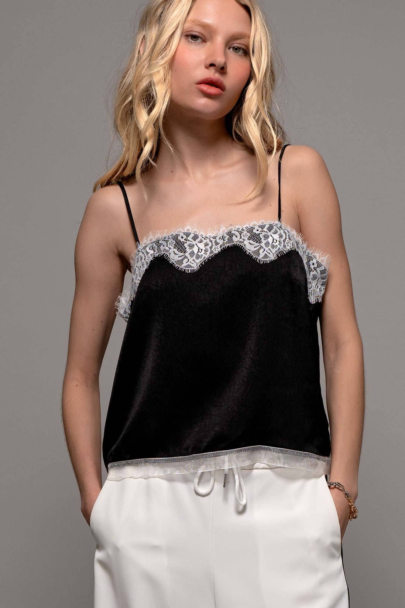 Scalloped Lace Trim Satin Camisole Top