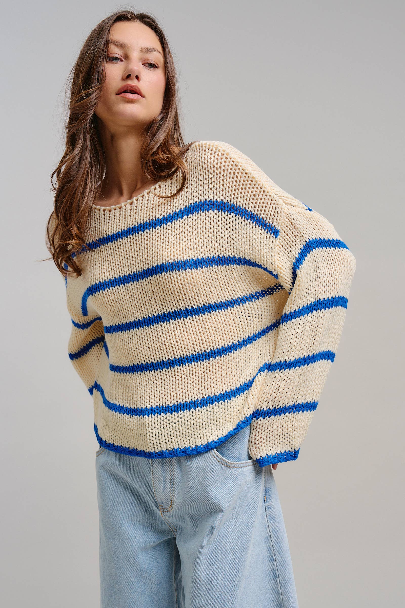 Nautical Striped Open Knit Slouchy Sweater