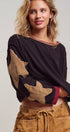 Urban Daizy Raw Seam Star Patch Slouchy Knit Top Brown Knit Top - Women's (UDTP1432-Brown)