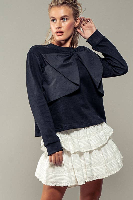 Urban Daizy Coquette Bow Statement Long Sleeve Crew Neck Top Black Blouse - Women's (UDZ-TP-00704) – alternate view 13