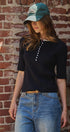 Wool Blend Cable Knit Henley with Contrast Neckline in NAVY - Women's Sweaters | Urban Daizy