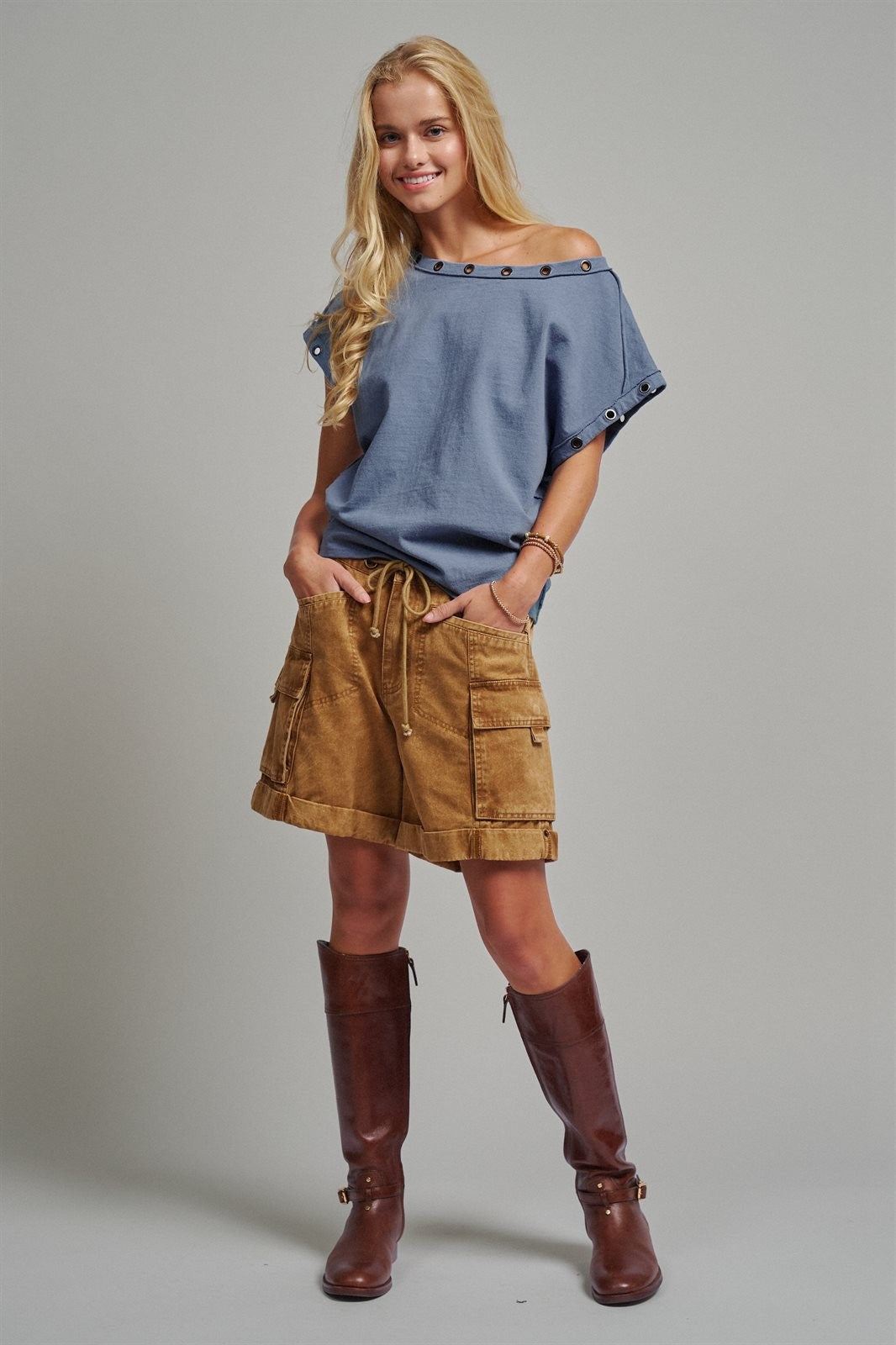 Grommet Trim Washed Cotton Boat Neck Top in VINTAGE NAVY - Women's T-Shirts & Polos | Urban Daizy
