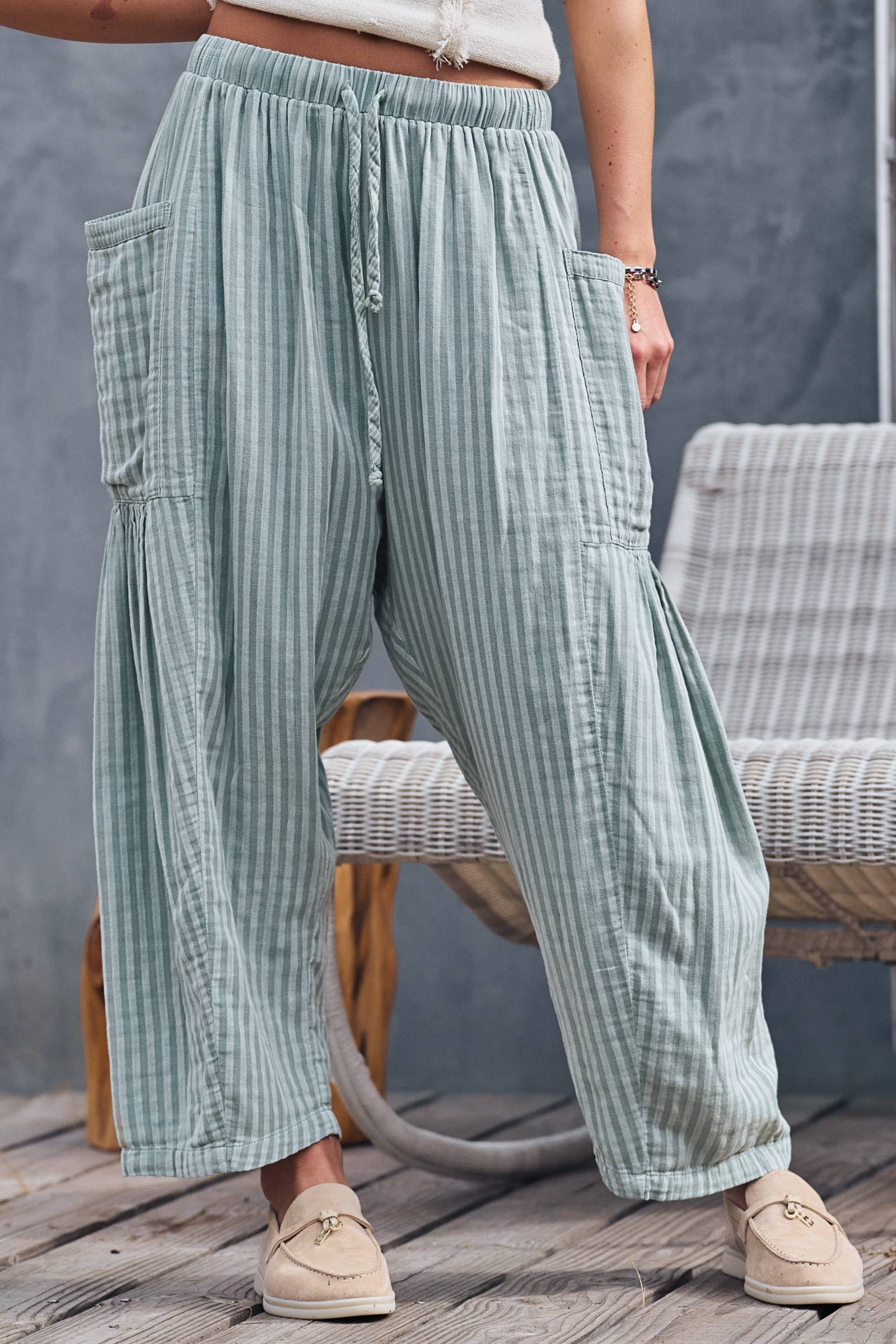 Striped Cotton Drawstring Harem Pants