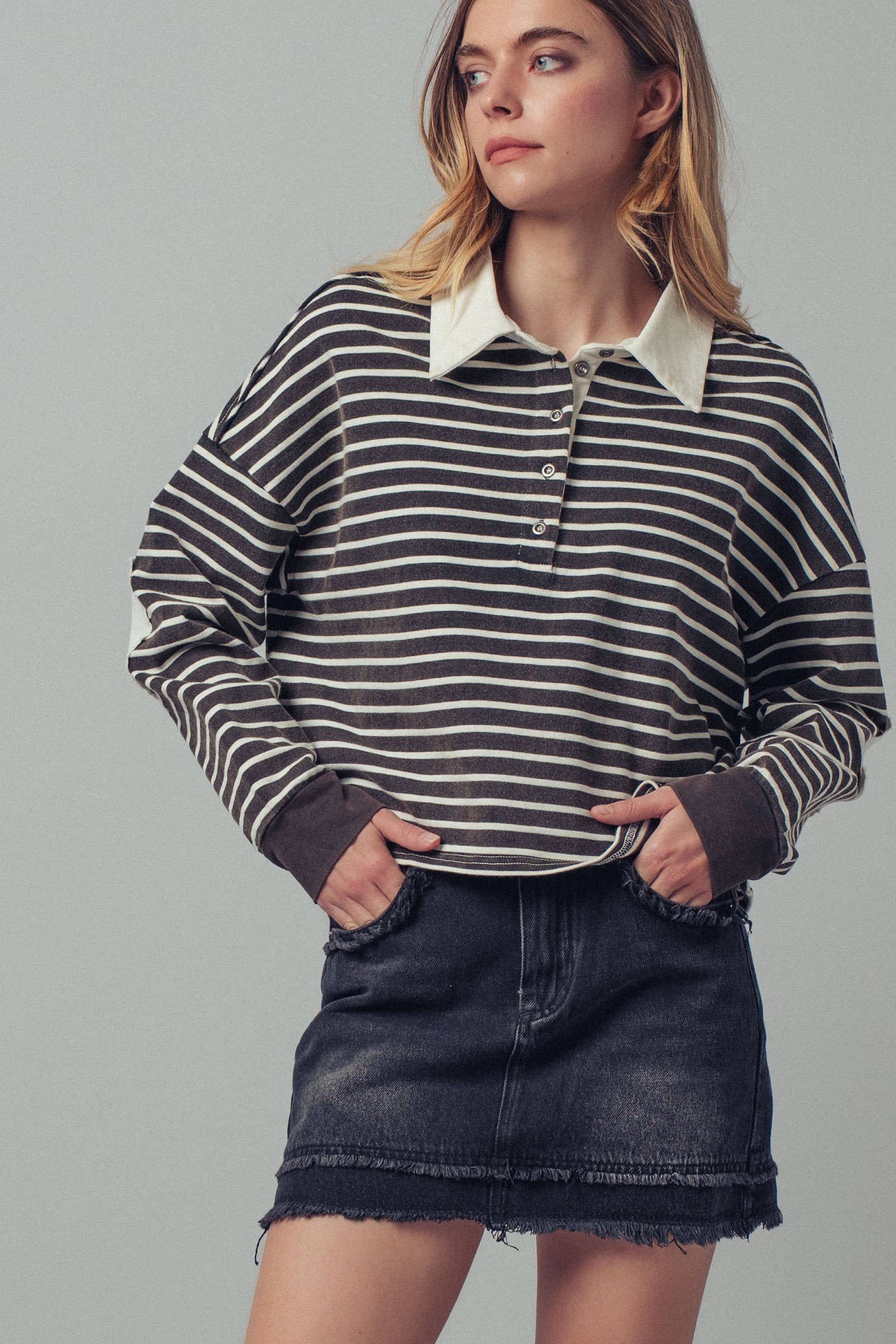 Urban Daizy Playful Cropped Stripe Cotton Top Black-White Polo - Women's (UDZ-PT-00355)