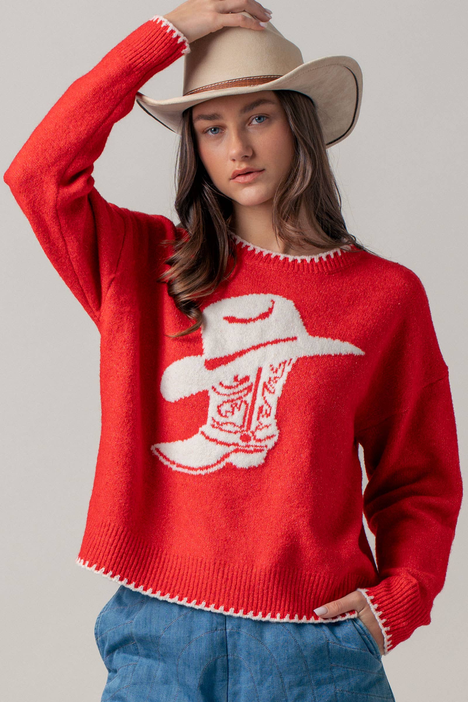 Urban Daizy Cowboy Boot Graphic Knit Sweater Red Knit Sweater - Women's (UDZ-KN-01040) – alternate view 3