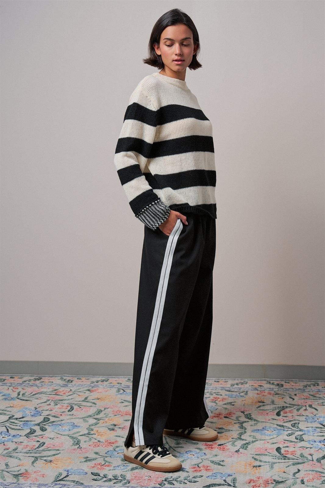 Striped Oversized Chunky Knit Sweater in BLACK - Women's Sweaters | Urban Daizy