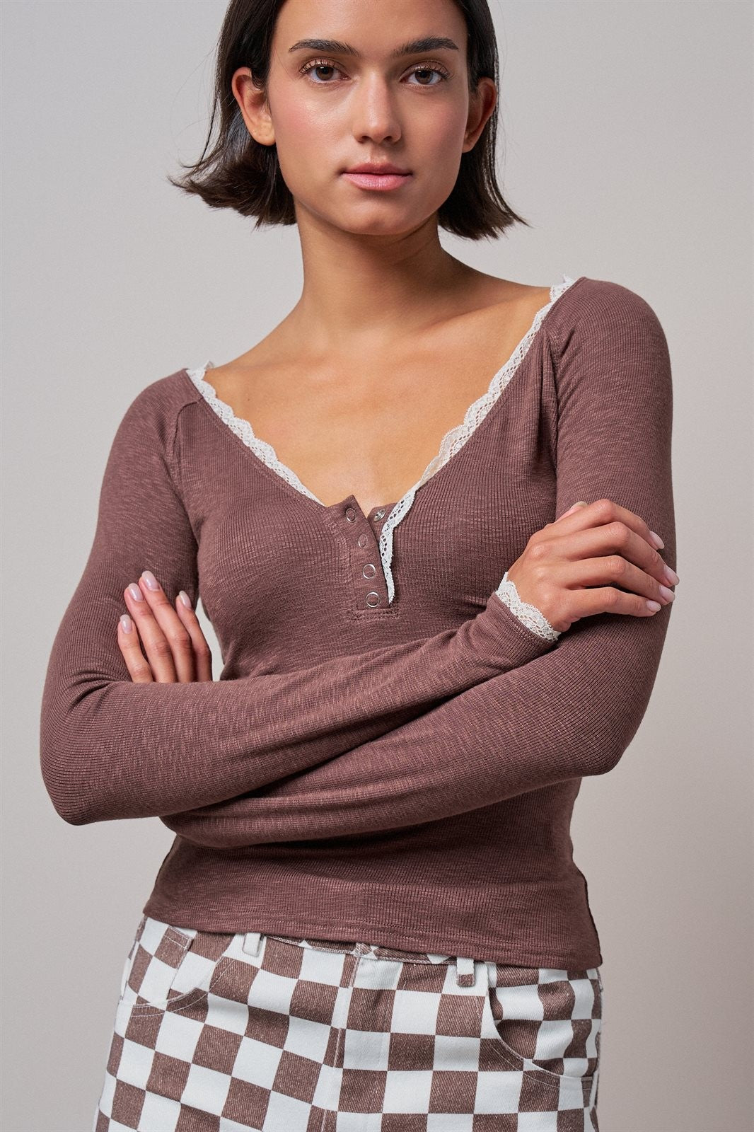 Pretty Little Lace Trim Henley in BROWN - Women's T-Shirts & Polos | Urban Daizy