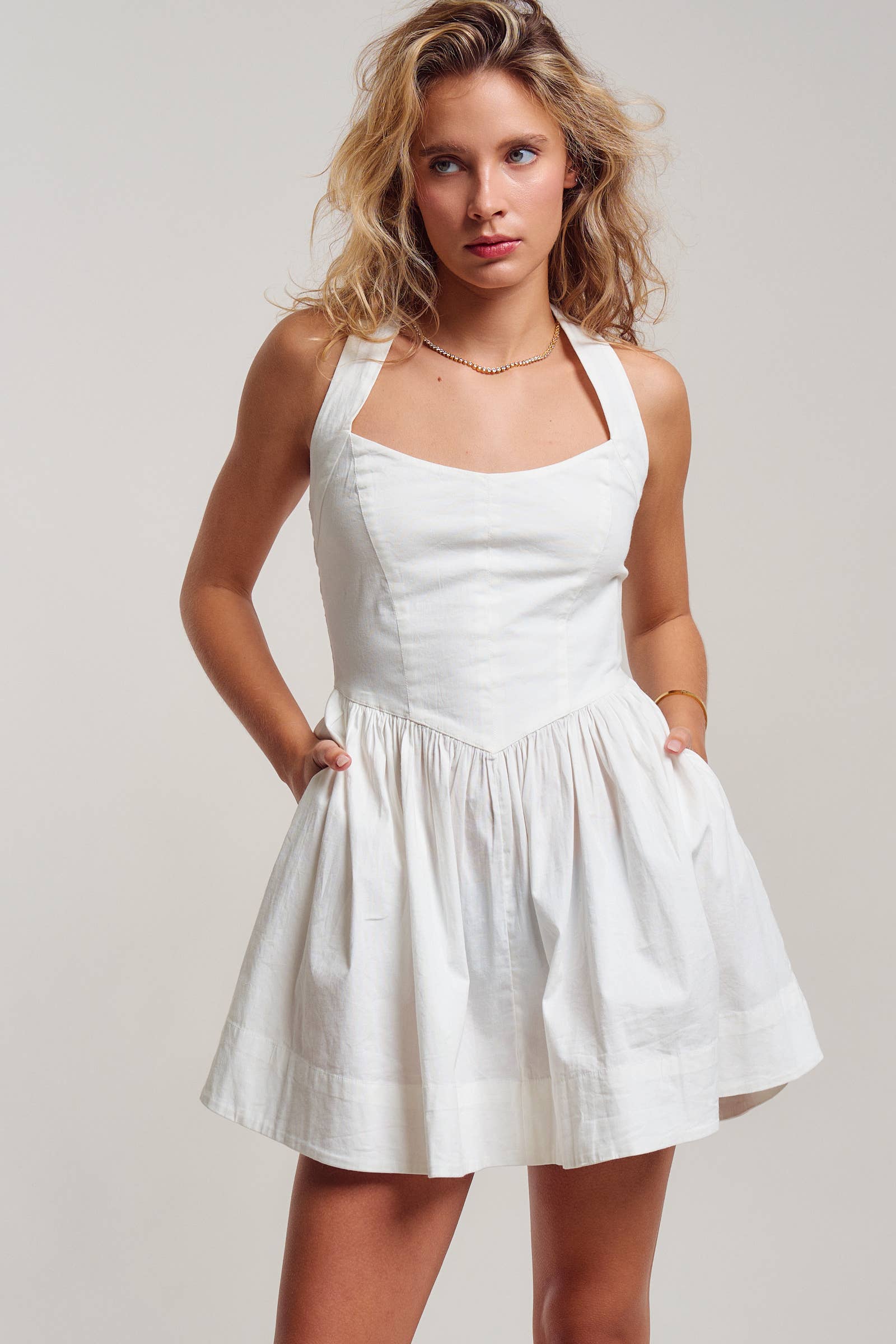 White Poplin Halter Corset Mini Dress