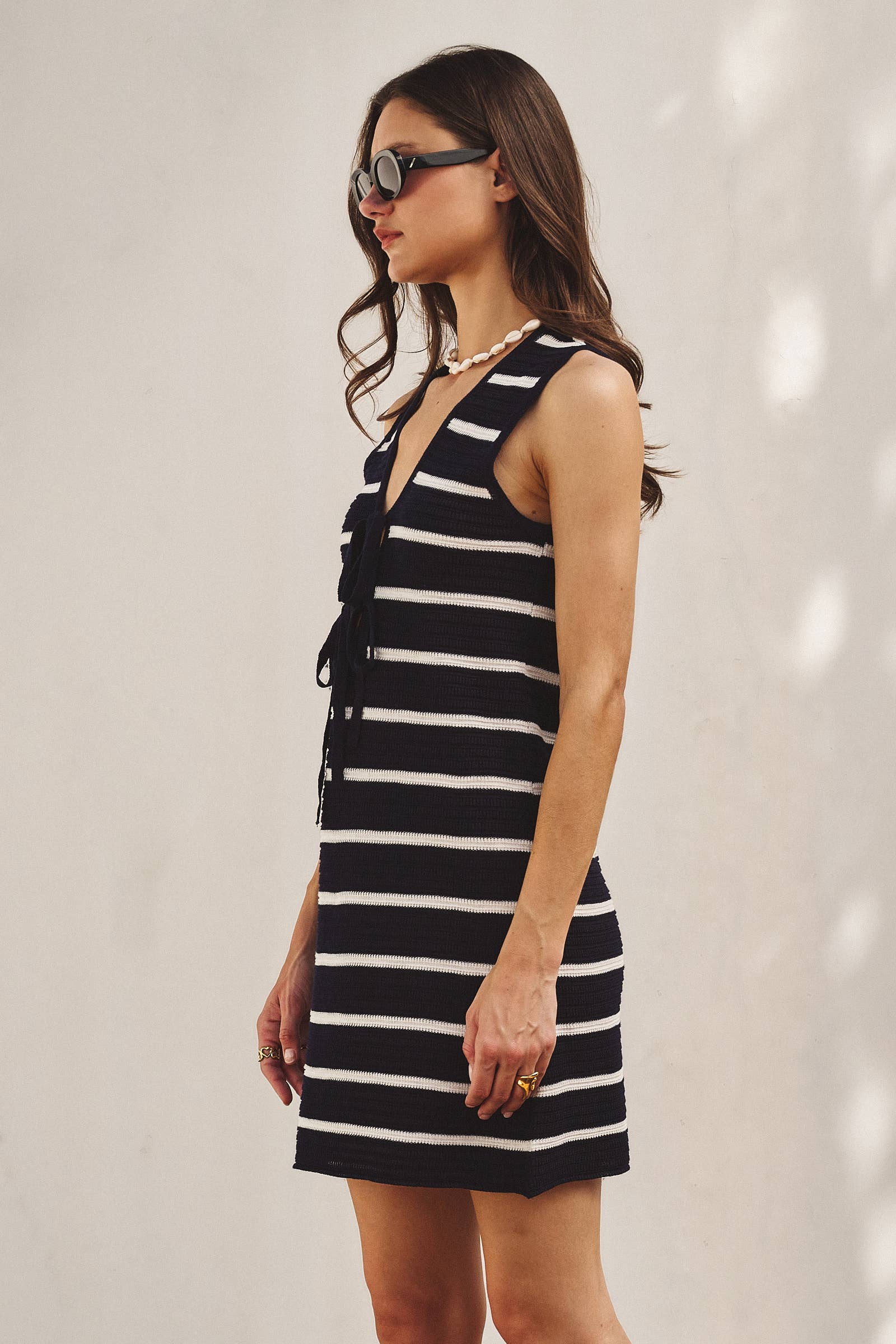 Striped Crochet Knit Mini Dress Tie Front