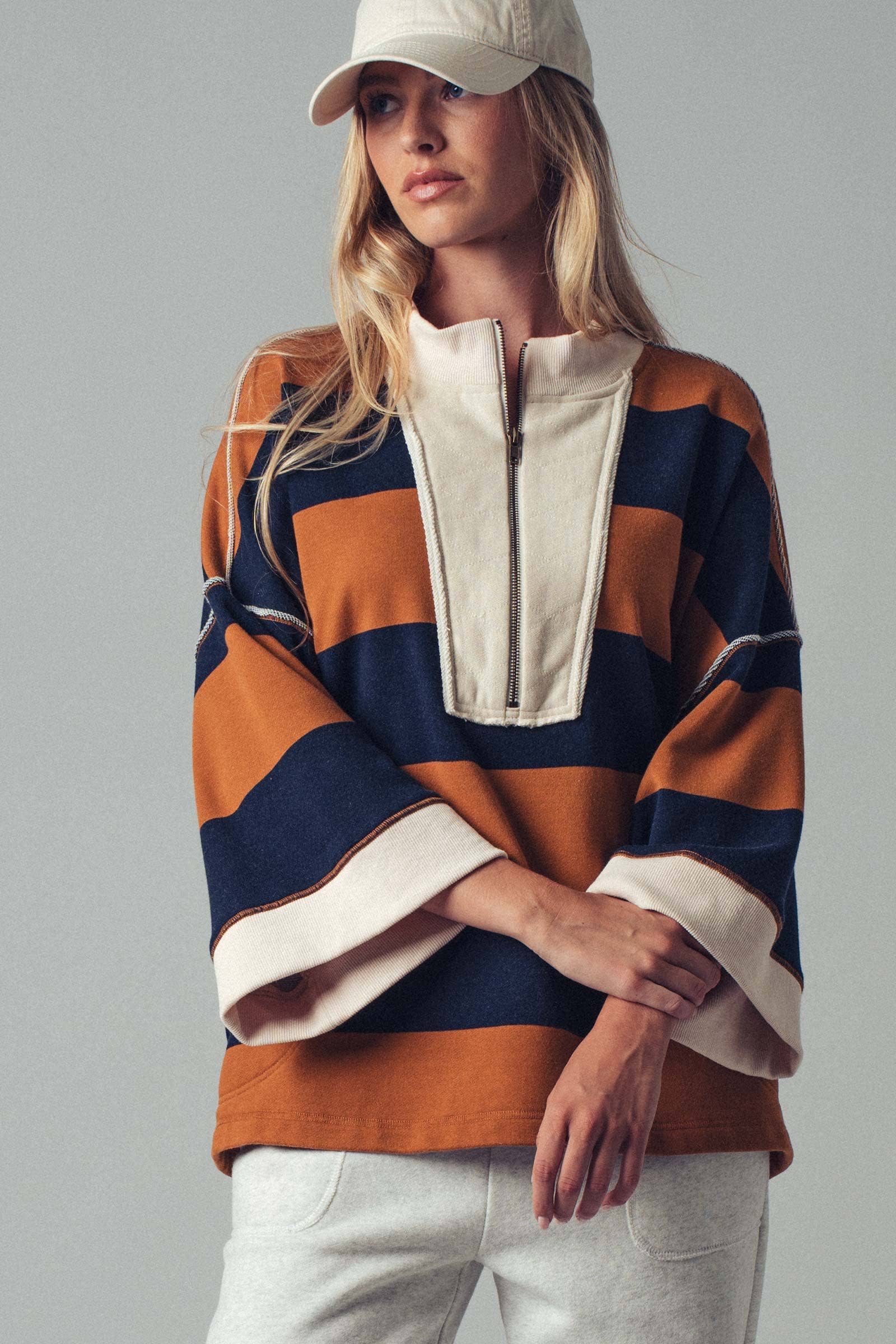 Urban Daizy Oversized Half Zip Bold Stripe Statement Pullover Sweatshirt Cream-Black Sweatshirt - Women's (UDZ-KN-00450)…