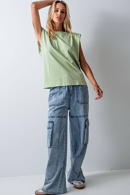 Urban Daizy Padded Shoulder Sleeveless Cotton Muscle Tee Mint T-Shirt - Women's (UDZ-TP-00589) – alternate view 4