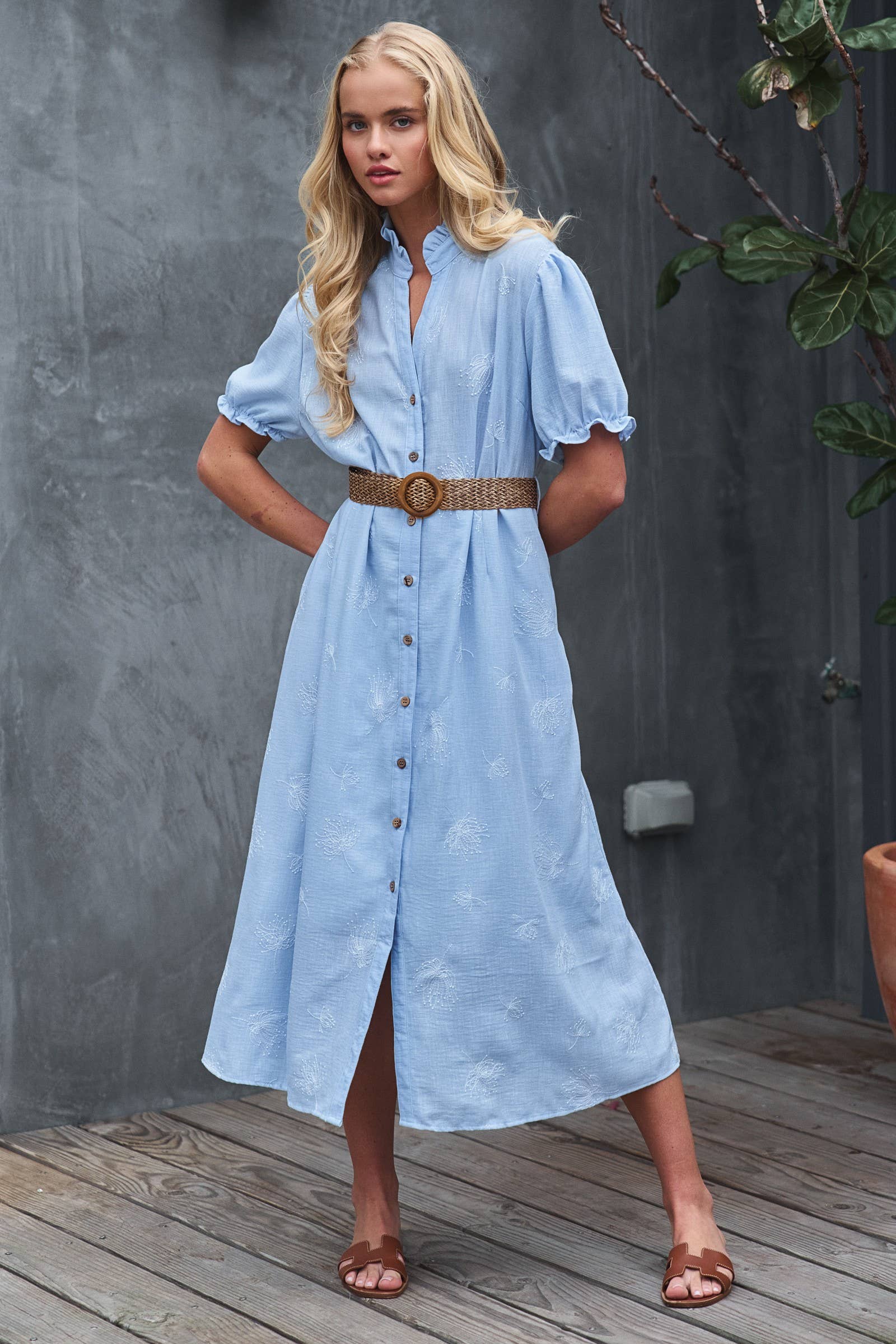 Urban Daizy Embroidered Linen Blend Button Front Midi Dress Blue Dress - Women's (UDZ-OT-00168) – alternate view 2
