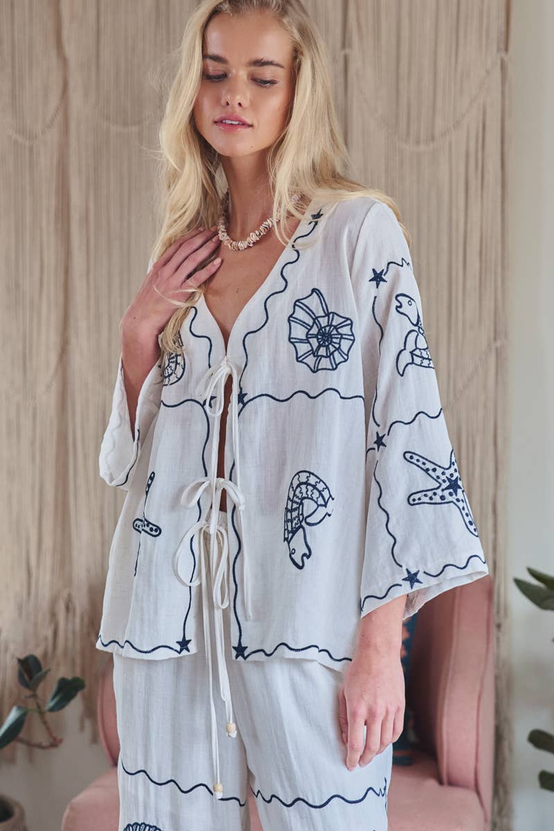 Nautical Shell Embroidered Tie-Front Top