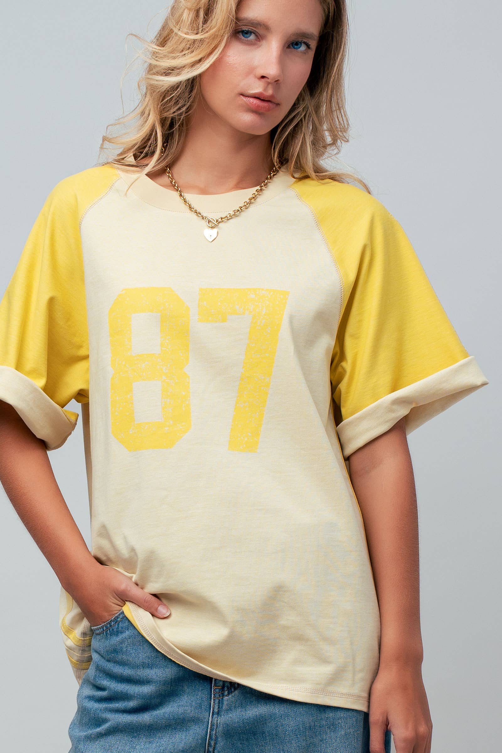 Urban Daizy "87" Graphic Colorblock Raglan Tee Cream-Yellow T-Shirt (Graphic) - Women's (UDZ-OT-00168) – alternate view 2