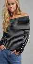 Off-Shoulder Striped Knit Top with Button Cuffs in BLACK - Women's Sweaters | Urban Daizy