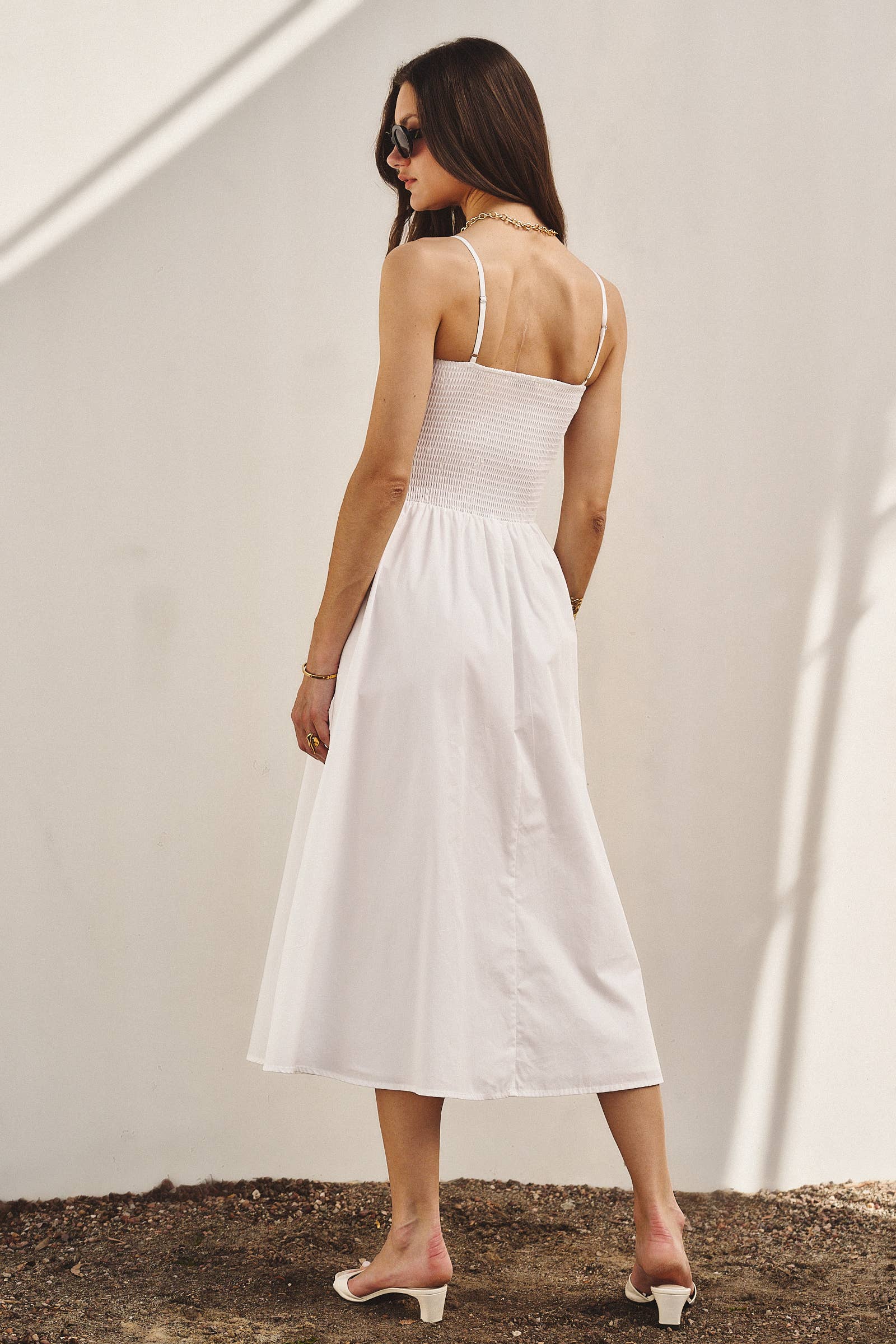 Urban Daizy Classic Smocked Bodice Cotton Midi Dress White Dress - Women's (TNDR1637-White) – alternate view 5