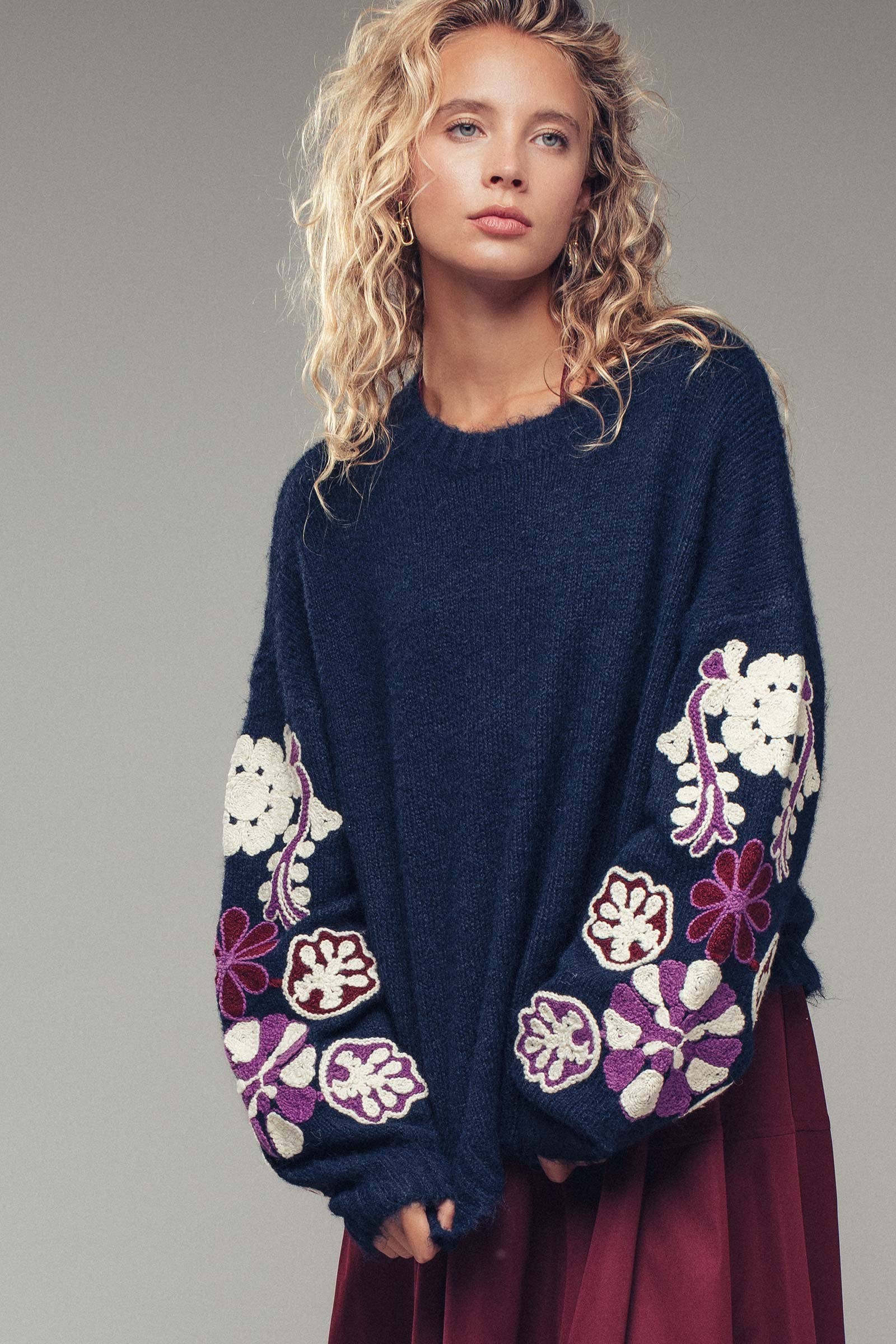 Floral Embroidered Sleeve Knit Sweater