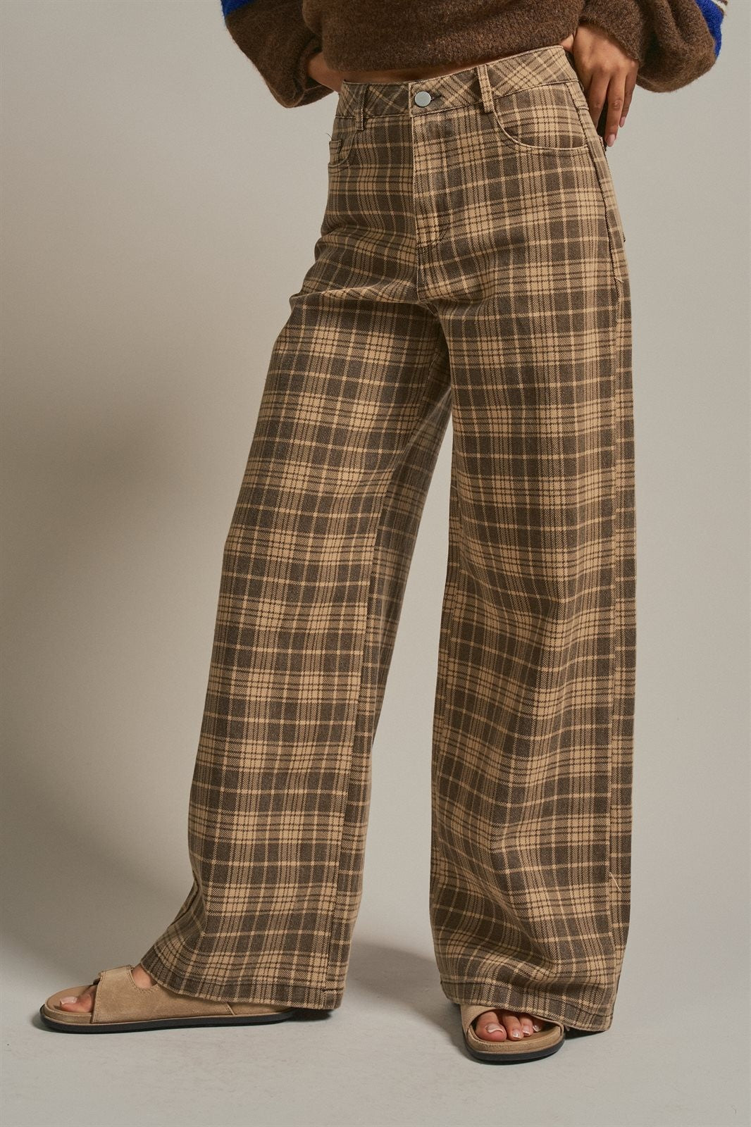 Checker Plaid Wide Leg Pants Y2K Vintage Western for Women in BROWN - Women's Casual Pants | Urban Daizy
