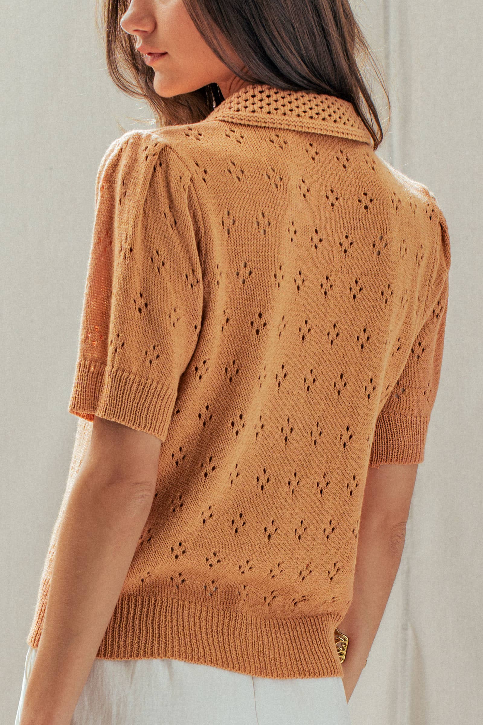 Urban Daizy Pointelle Knit Puff Sleeve Collared Cardigan Warm-Camel Cardigan - Women's (UDSW0345-Warm-Camel) – alternate view 5