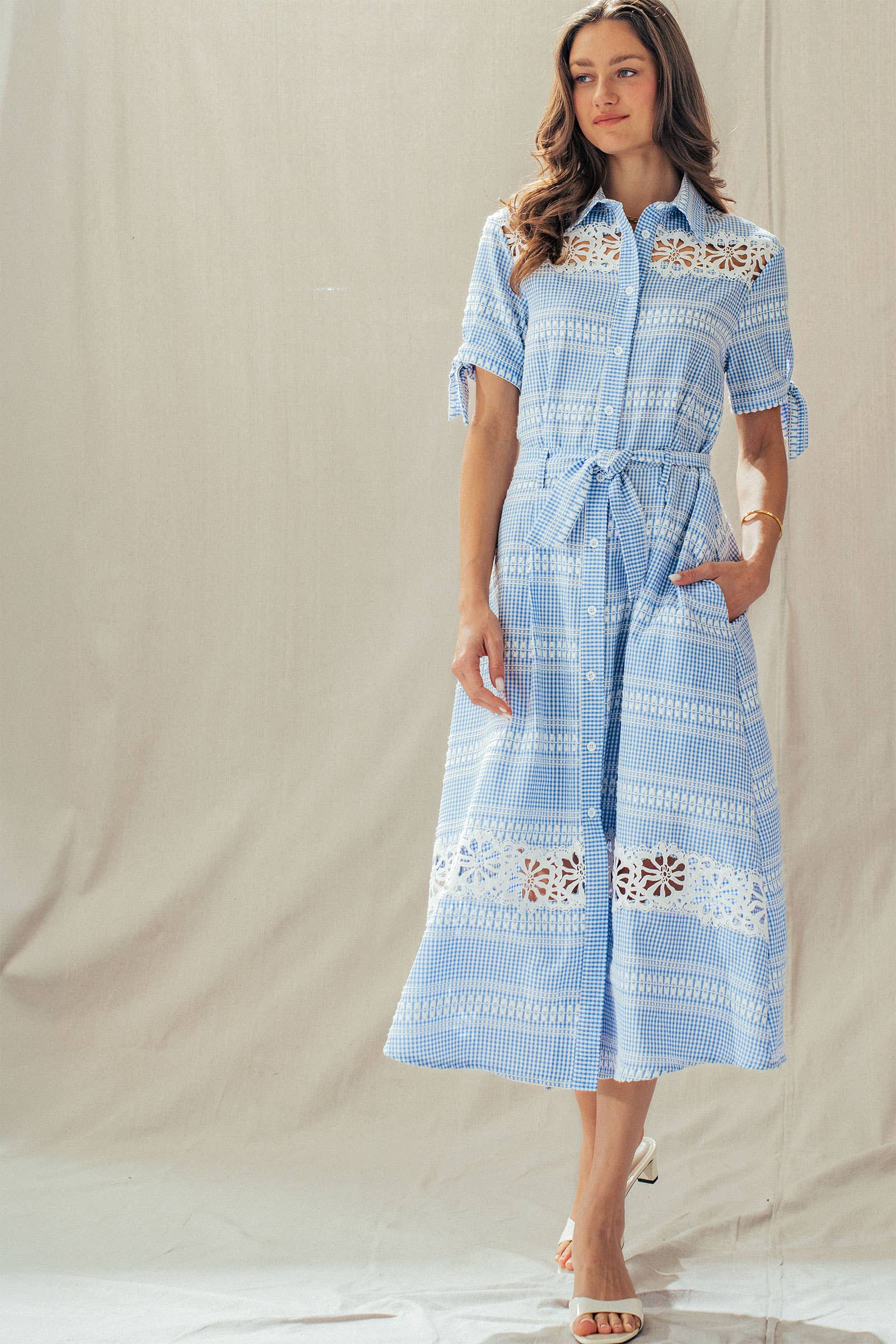 Gingham Cotton Shirt Dress Eyelet Embroidery