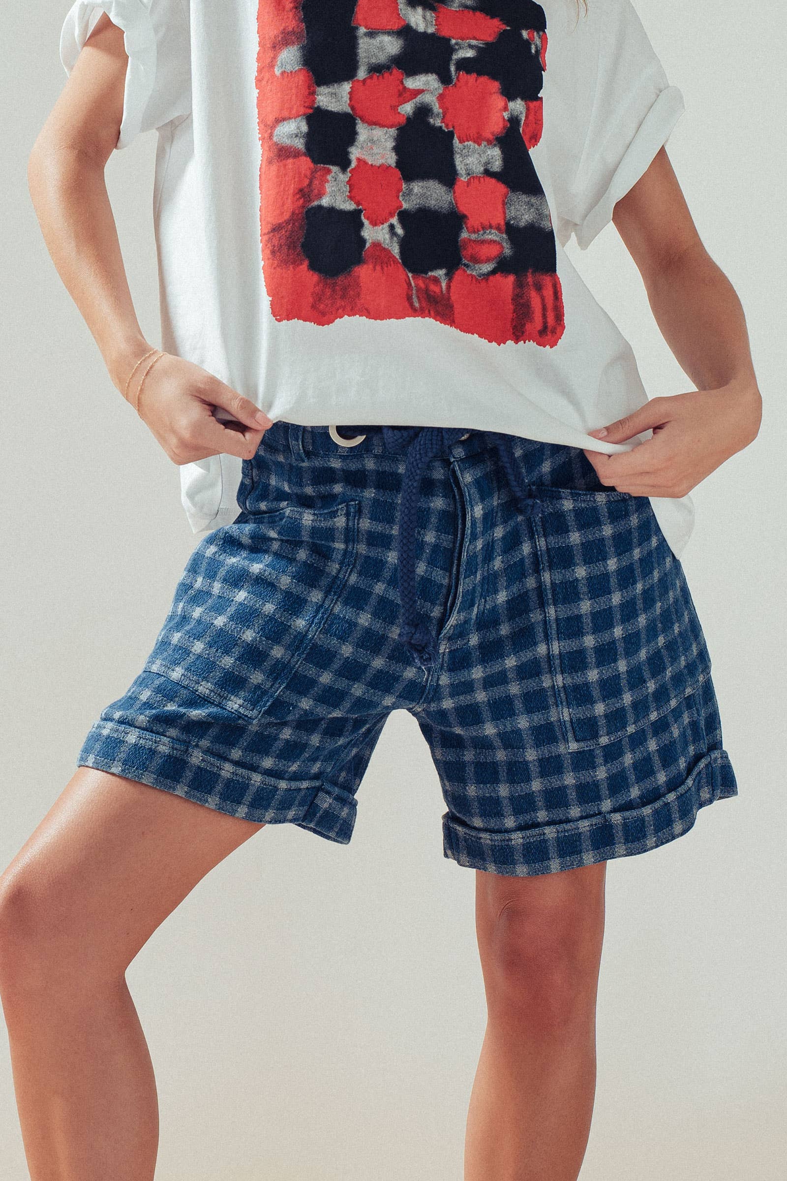 Urban Daizy Plaid Cotton Blend Shorts Rope Drawstring Blue Shorts - Women's (UDZ-PT-00480) – alternate view 3