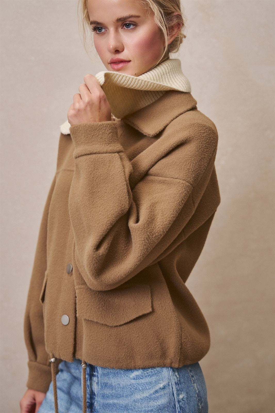 Sweater Knit Button Front Jacket with Detachable Collar in OLIVE - Women's Jackets & Blazers | Urban Daizy